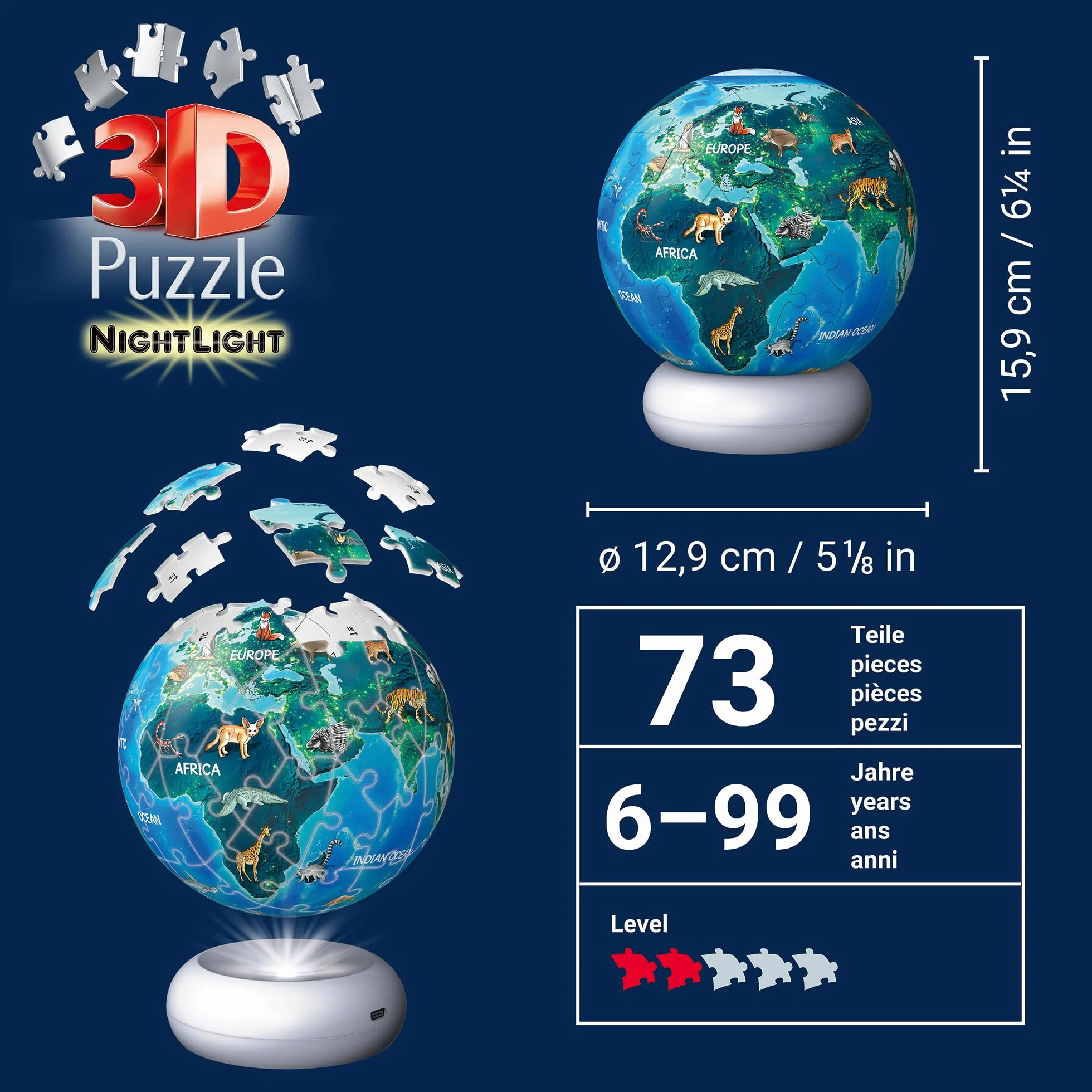 3D Puzzle-Ball Nachtlicht Erde mit Tiermotiven: Erleben Sie Puzzeln in der 3. Dimension!