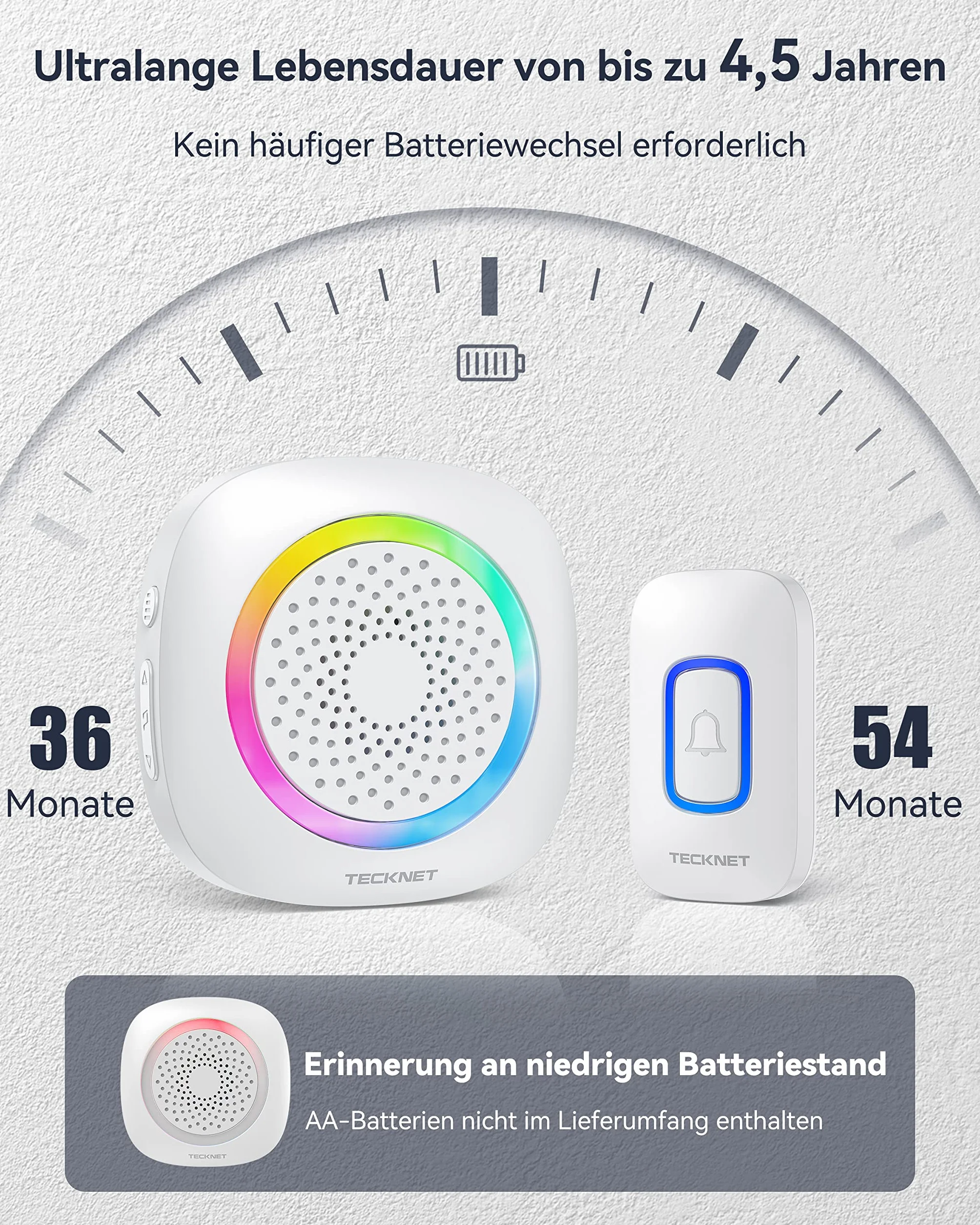 TECKNET Bezprzewodowy Dzwonek z 2 Przenośnymi Odbiornikami, Dzwonienie z RGB, Na baterie, IP66, Zestaw Dzwonków Wodoodpornych, Zasięg 1300ft, 60 Melodii i 5 Poziomów Głośności, Czas Pracy do 4,5 Roku