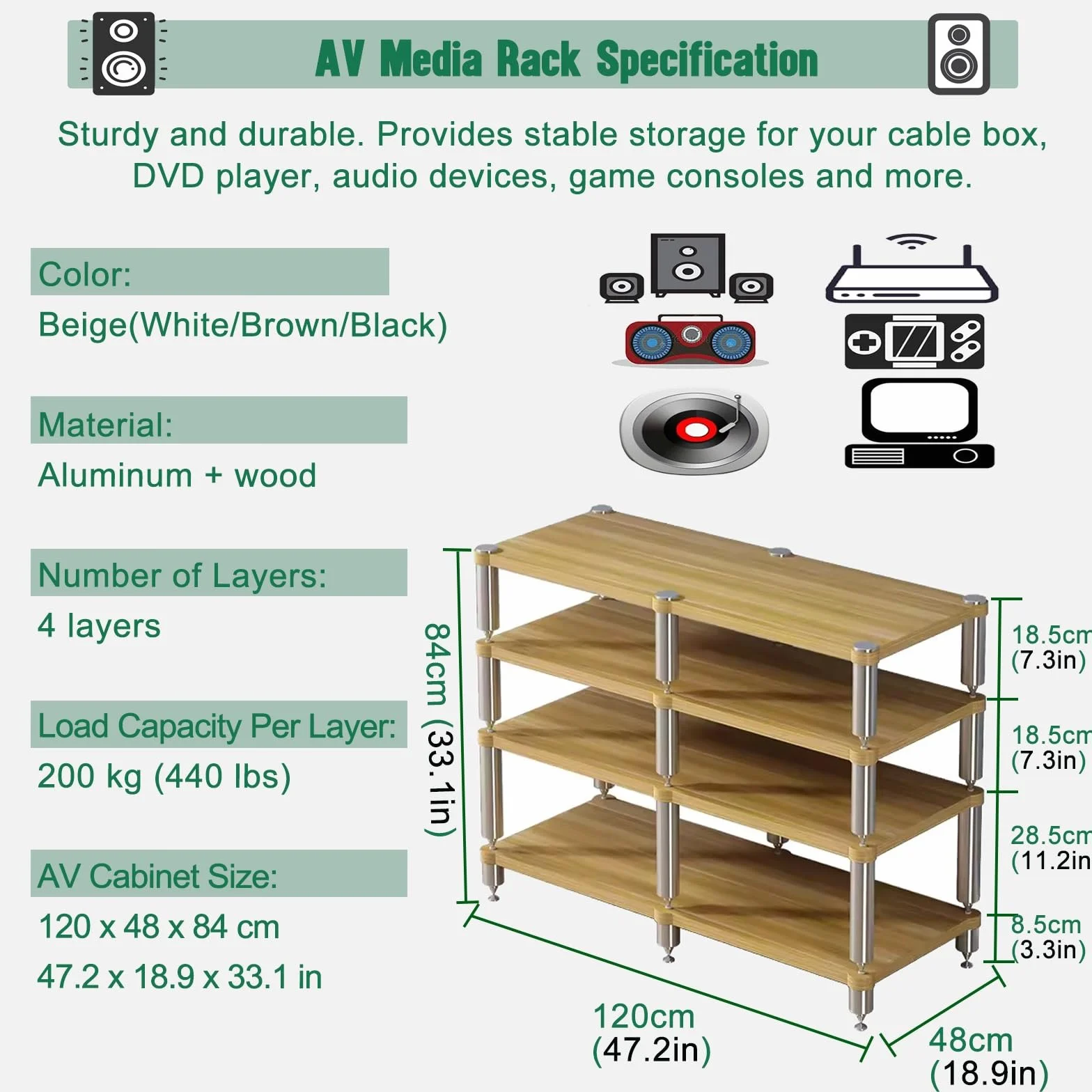 Stojak stereo do małych przestrzeni, regał na komponenty audio, wieża, stojak na media stereo, półka na sprzęt, studio / salon / stojak odbiornika kina domowego (120 x 48 x 85 cm (47 x 20 x 33 cali)