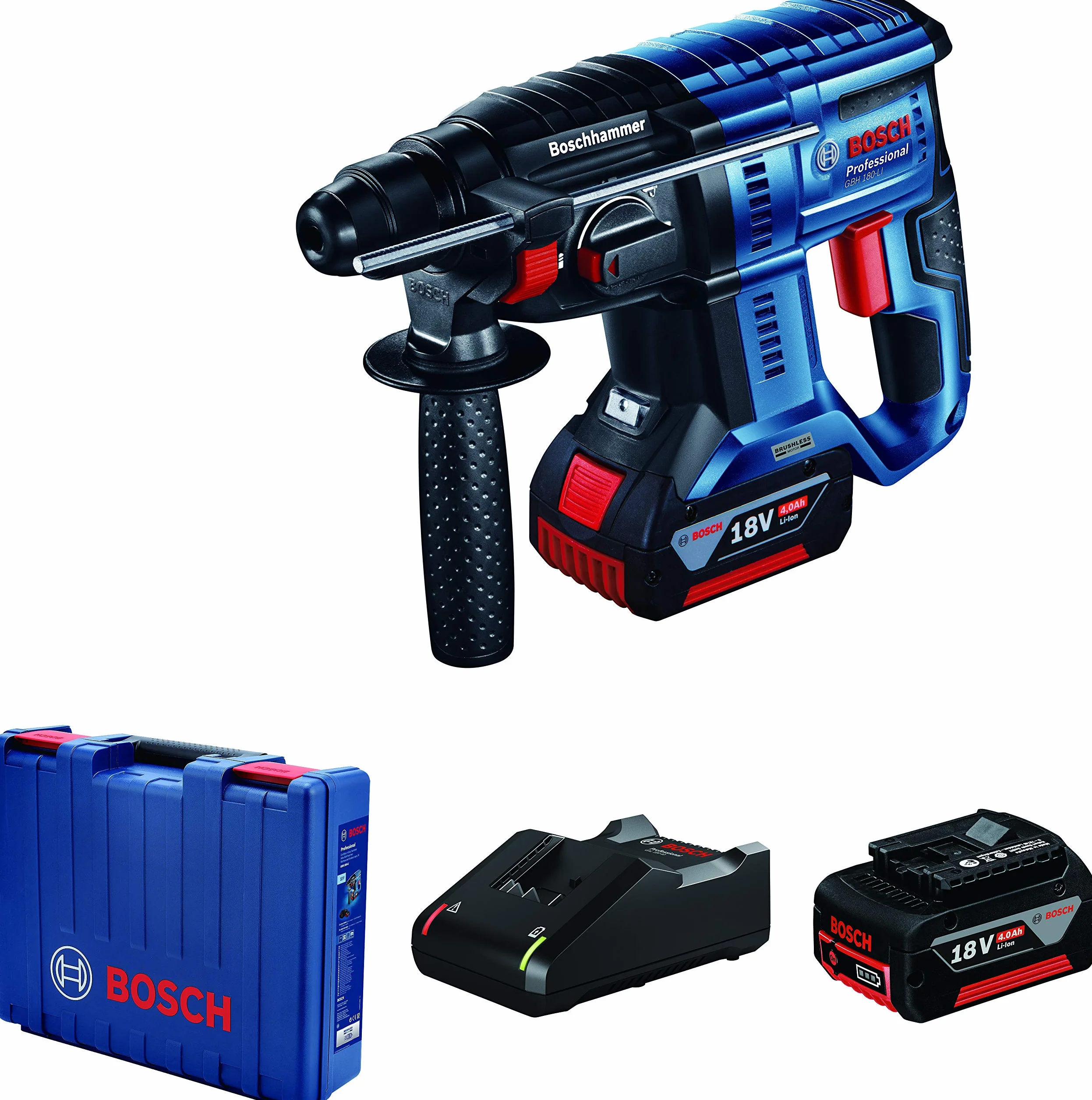 Bosch Professional system 18V: akumulatorowy młot udarowo-obrotowy GBH 180-LI (2 akumulatory GBA 18V 4.0Ah, szybka ładowarka GAL 18V-40, walizka)