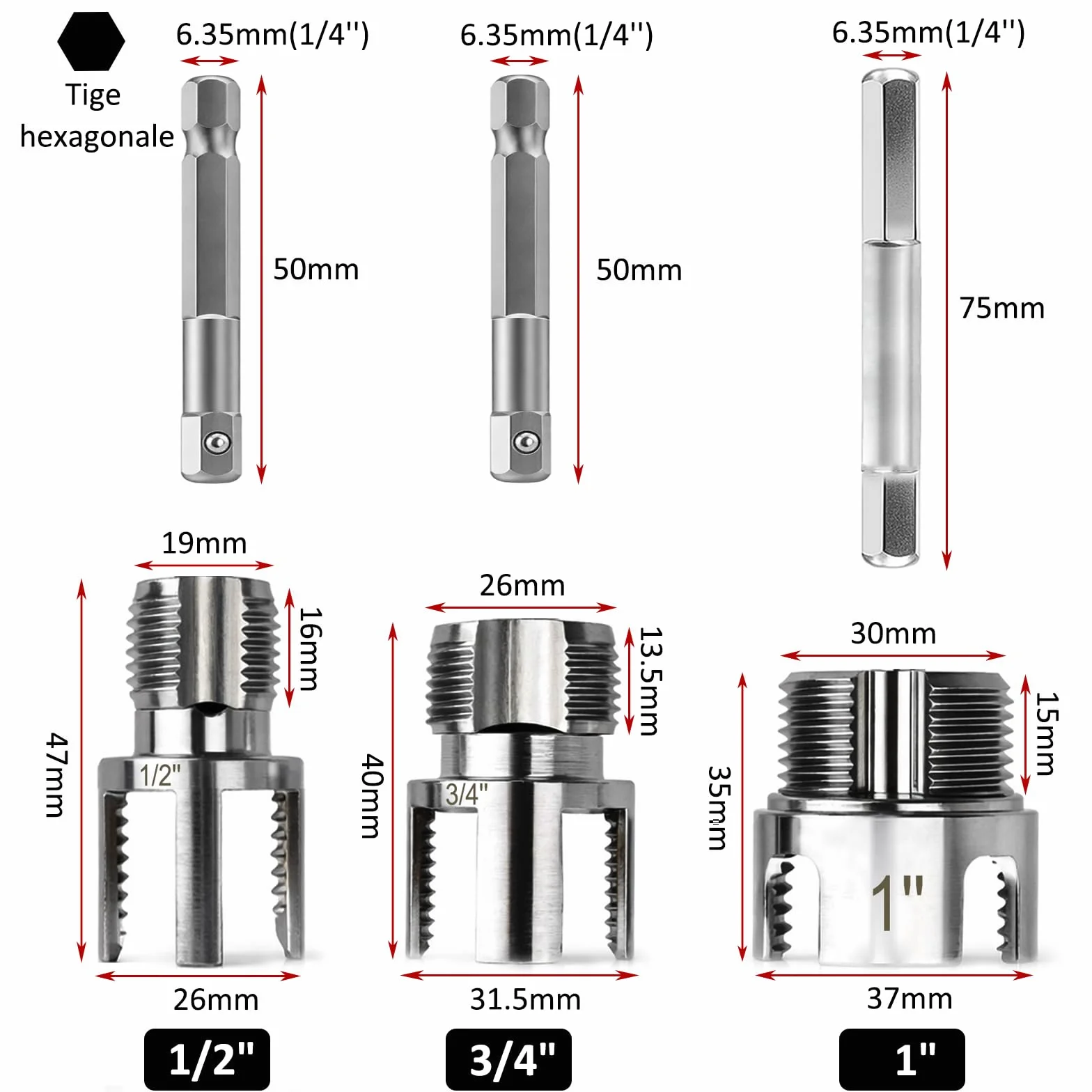 3-częściowy zestaw gwintowników PCW 1/2", 3/4" i 1" NPT, zintegrowane narzędzie do gwintów wewnętrznych i zewnętrznych, kompatybilny z wiertarkami gwintownik rurowy z podwójną funkcją