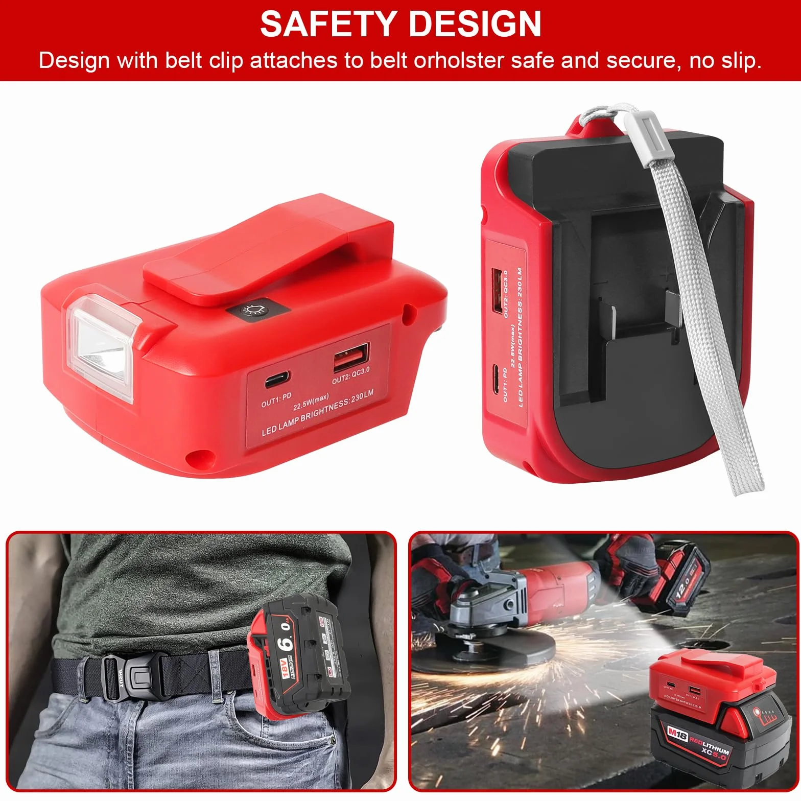 Adapter USB do akumulatora Milwaukee M18 18 V, konwerter z podwójnym portem ładowania USB, port DC 12 V, bezprzewodowa latarka i światło robocze LED (tylko adapter)