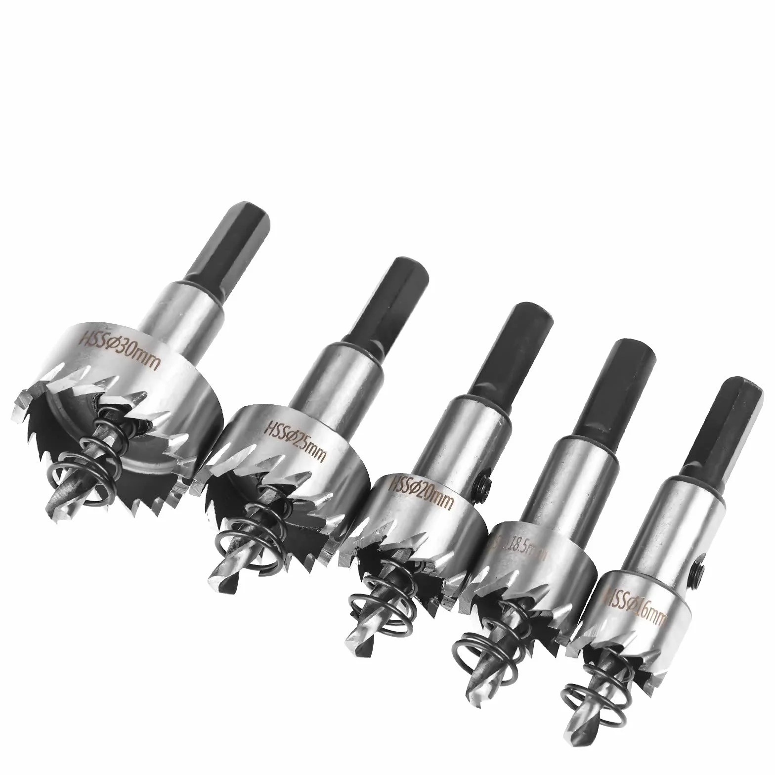 Flintronic Otwornica z twardego metalu, zestaw 5 wierteł z tytanu HASS, 16 mm, 18,5 mm, 20 mm, 25 mm, 30 mm, zestaw narzędzi do stali, stali nierdzewnej, żelaza, mosiądzu, włókna szklanego