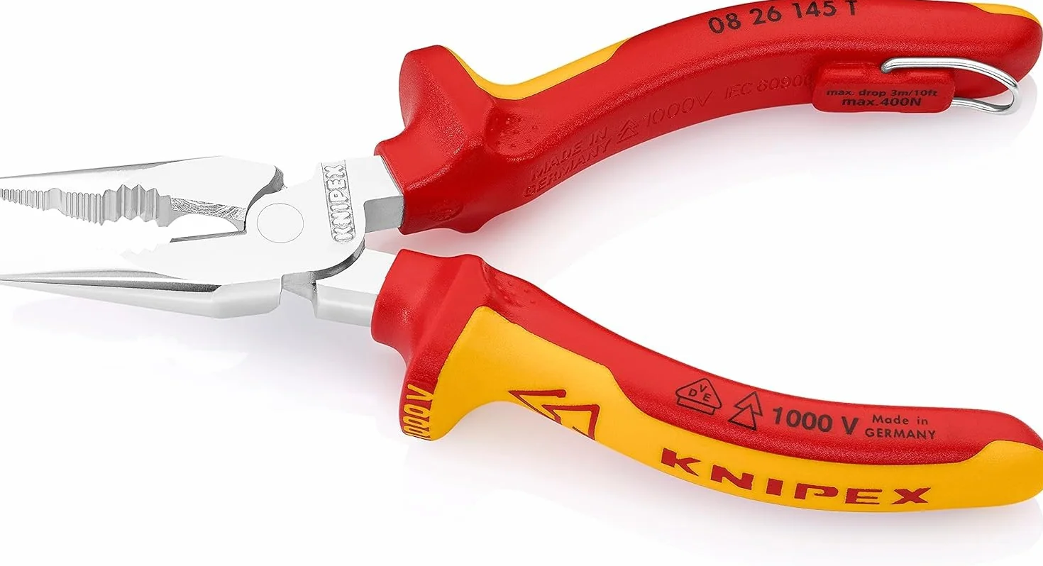 KNIPEX Szczypce uniwersalne z ostro zakończonymi szczękami chromowany z wielokomponentowymi nasadkami izolowanymi wg VDE 145 mm, 08 26 145 T