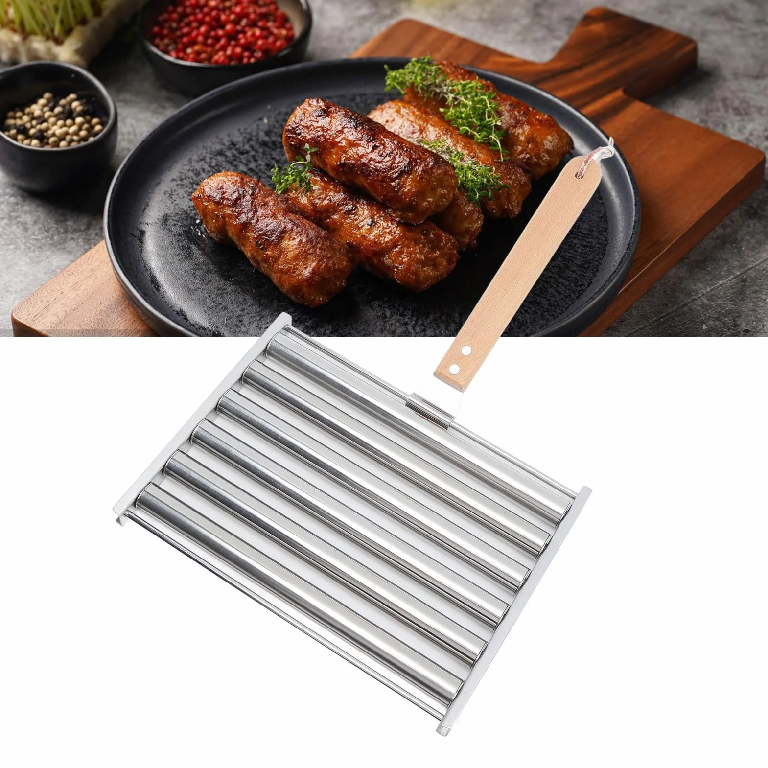 STOJAK NA WAŁKI DO HOT DOGÓW ZE STALI NIERDZEWNEJ Z DREWNIANYM UCHWYTEM NA NARZĘDZIA DO GRILLOWANIA (Dł. 30 cm / 11,8 cala)