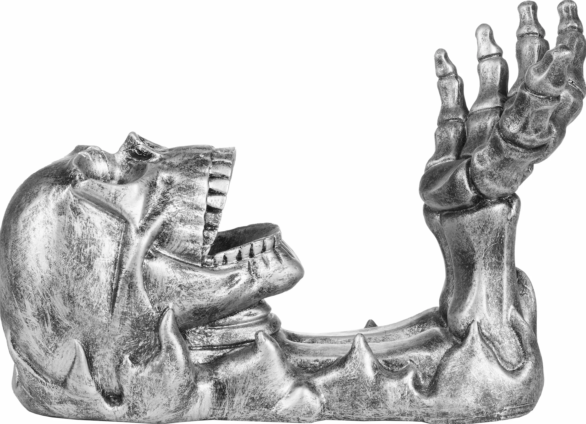 BRUBAKER Uchwyt na butelkę wina czaszka - uchwyt na butelkę do picia czaszka ze szkieletem ręka srebrny - stojak na butelkę Deco Figurka ręcznie malowane akcesoria do wina - śmieszna dekoracja