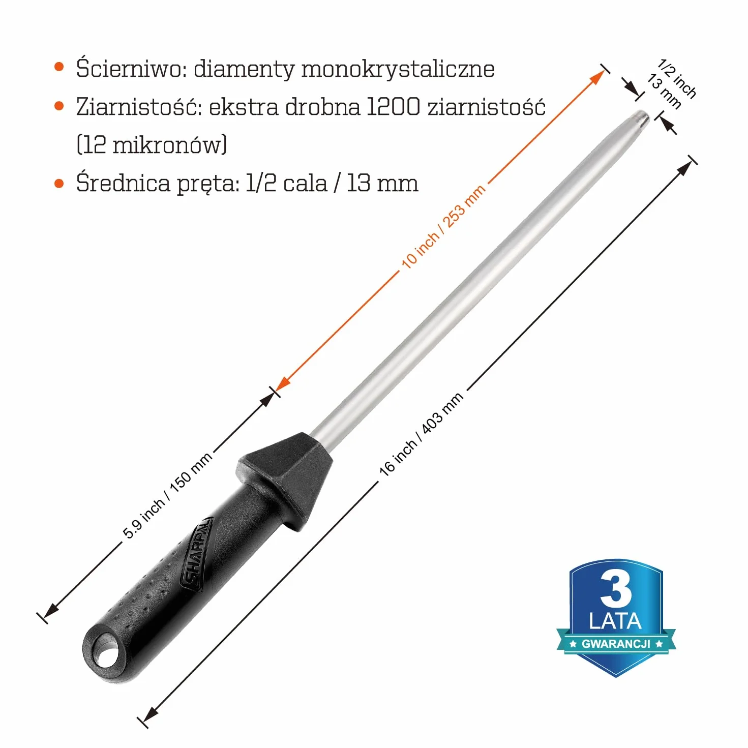 SHARPAL 119N 25 cm diamentowa ostrzałka do noży Ostrzałka stalowa powlekana diamentem o ziarnistości 1200