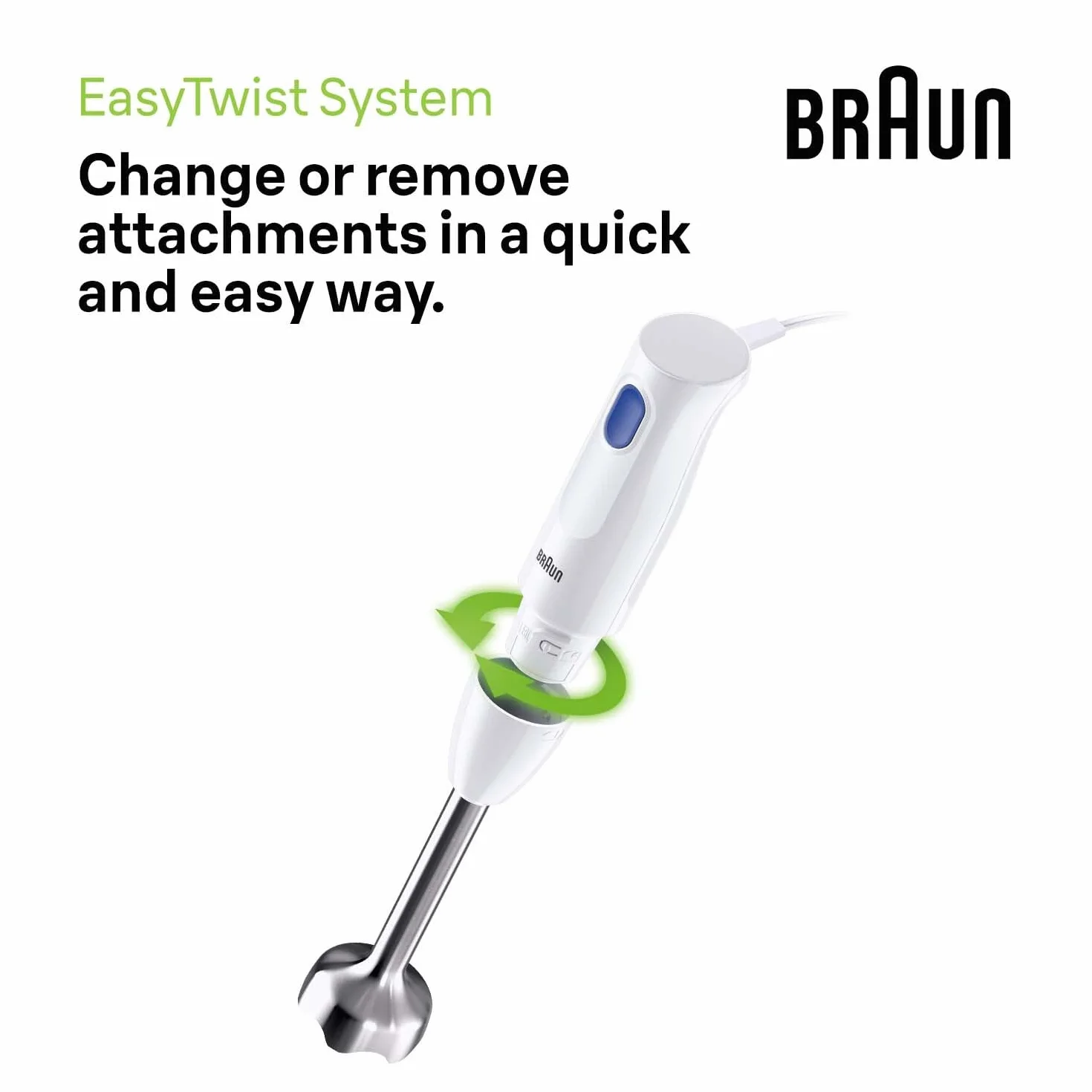 Braun MQ10.001M MultiQuick 1 blender ręczny – bardzo lekki blender z podstawą ze stali nierdzewnej i systemem EasyTwist, w zestawie kubek do miksowania i miarki 600 ml, 450 W, biały