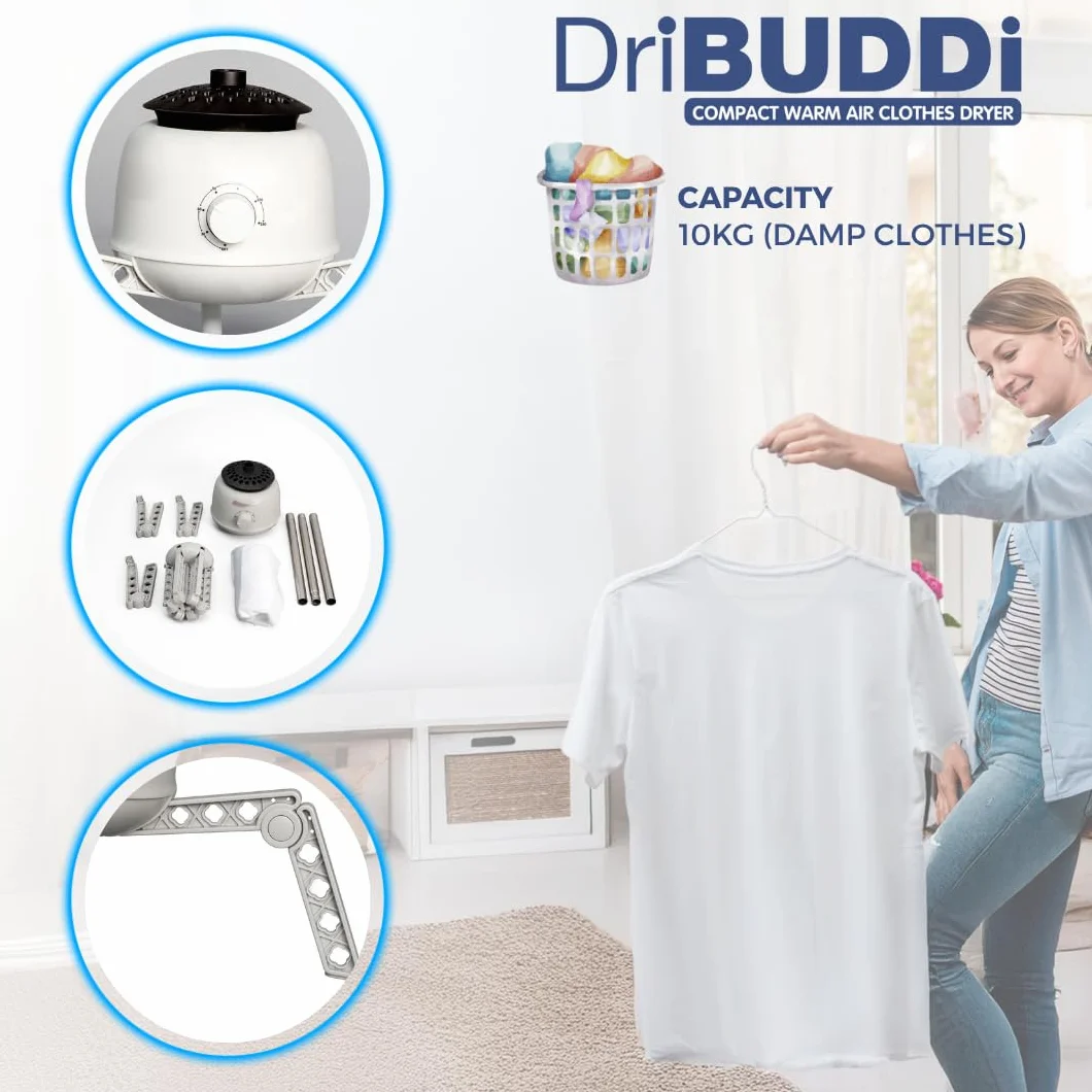 DriBUDDi Compact, elektryczna i przenośna suszarka do ubrań | 850 W, pojemność 10 kg, delikatne suszenie bez zagnieceń, oszczędność energii (nowy projekt 30% bardziej wydajny)