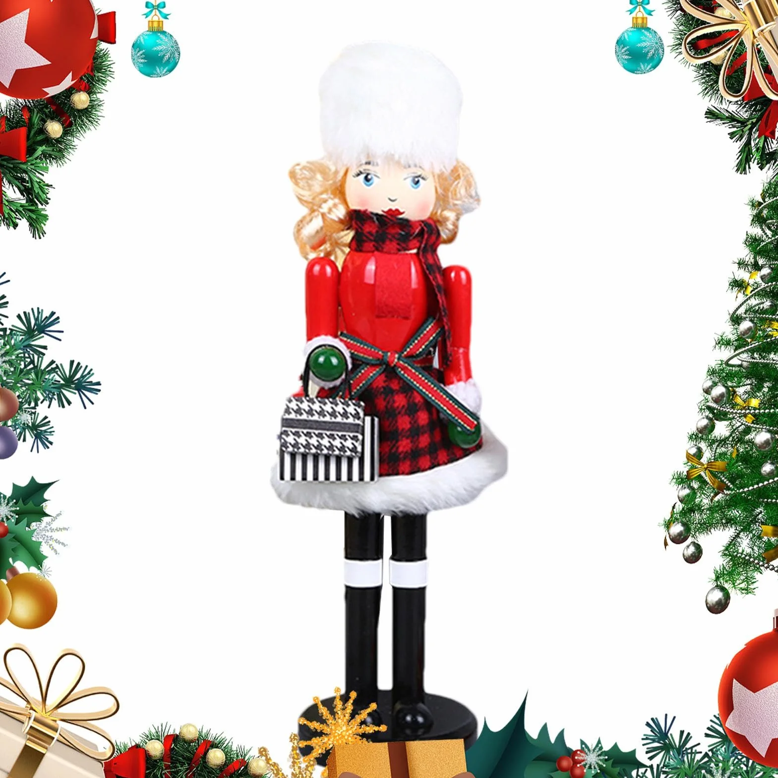 Woman Nutcracker Christmas Decorations, Wooden Nutcracker Figures 15.55x4.13 Inches, Puppet Christmas Table Decor, Bookshelf, Hotel, Cafe, Wood, Reusable Material