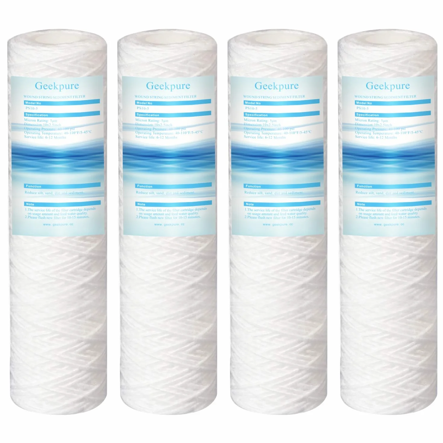 Geekpure 10-calowy wymienny filtr osadowy z plecionego sznurka PP do systemu odwróconej osmozy - 2,5" x 10" - 5 mikronów, opakowanie 4 szt