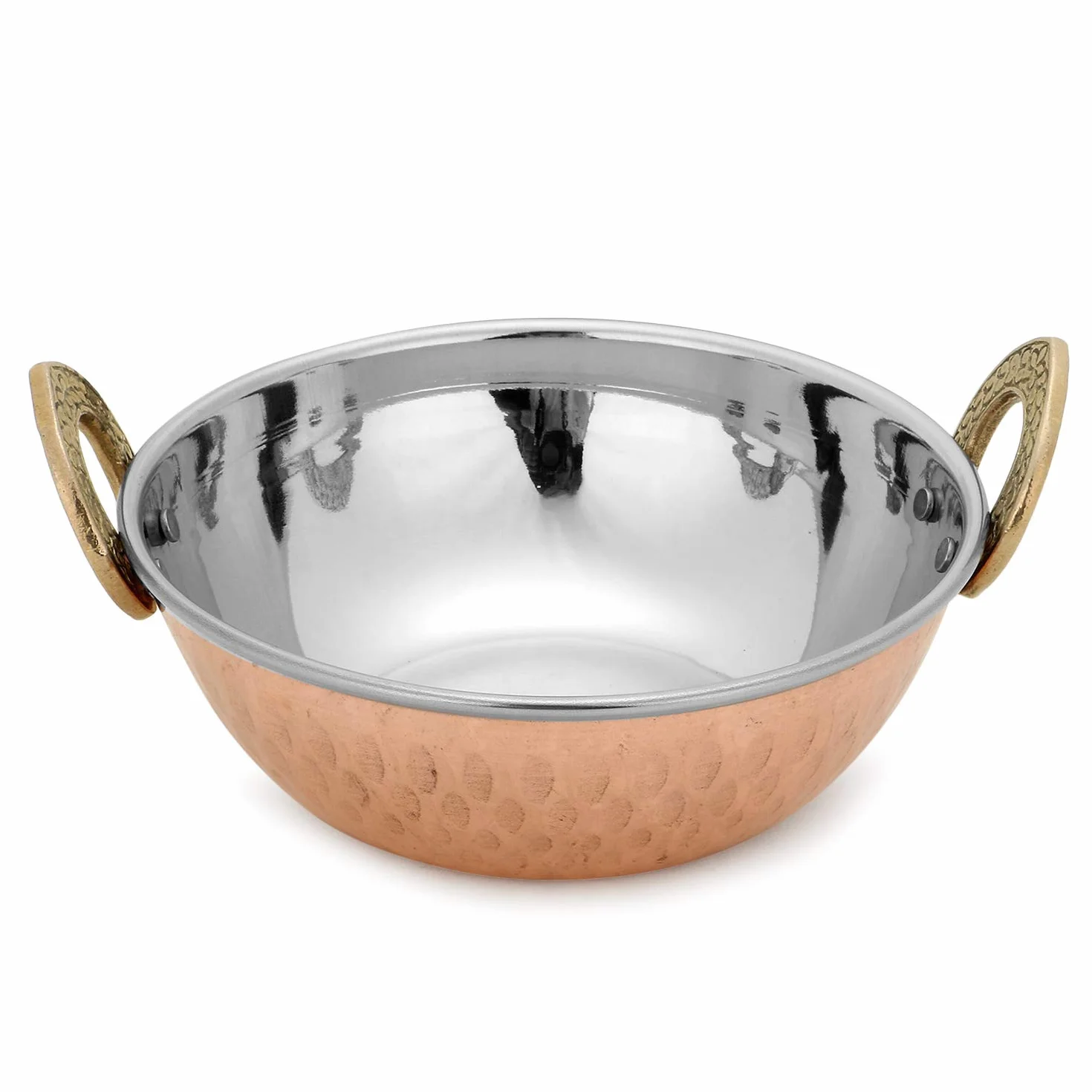 Zap Impex Indyjskie naczynie do serwowania, miedź i młotkowana stal nierdzewna Karahi do indyjskich potraw i curry, zestaw 2 sztuk, średnica 19 cm, srebro 8904295400458