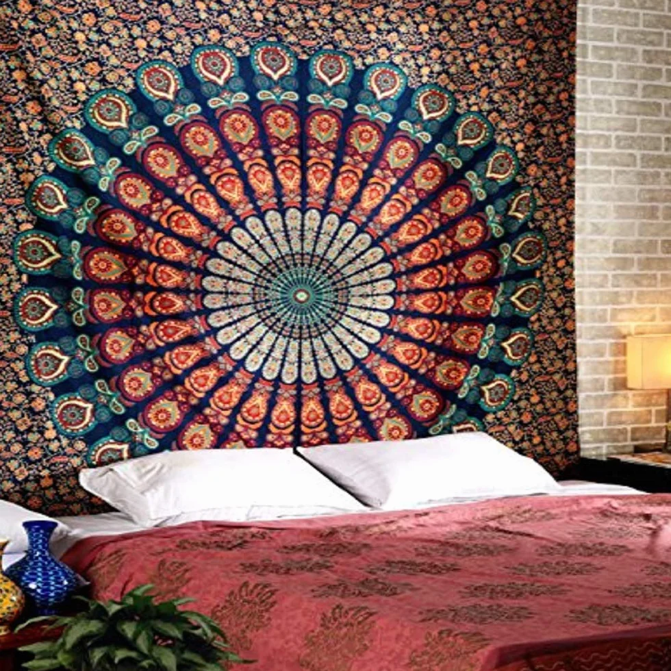 RAJRANG Gobelin z mandalą do sypialni, 213 x 230 cm, 100% bawełna, sztuka wisząca, ręcznik plażowy, paw, narzuta, boho, estetyczna dekoracja domu, gobeliny z piórami, złoto-niebieski