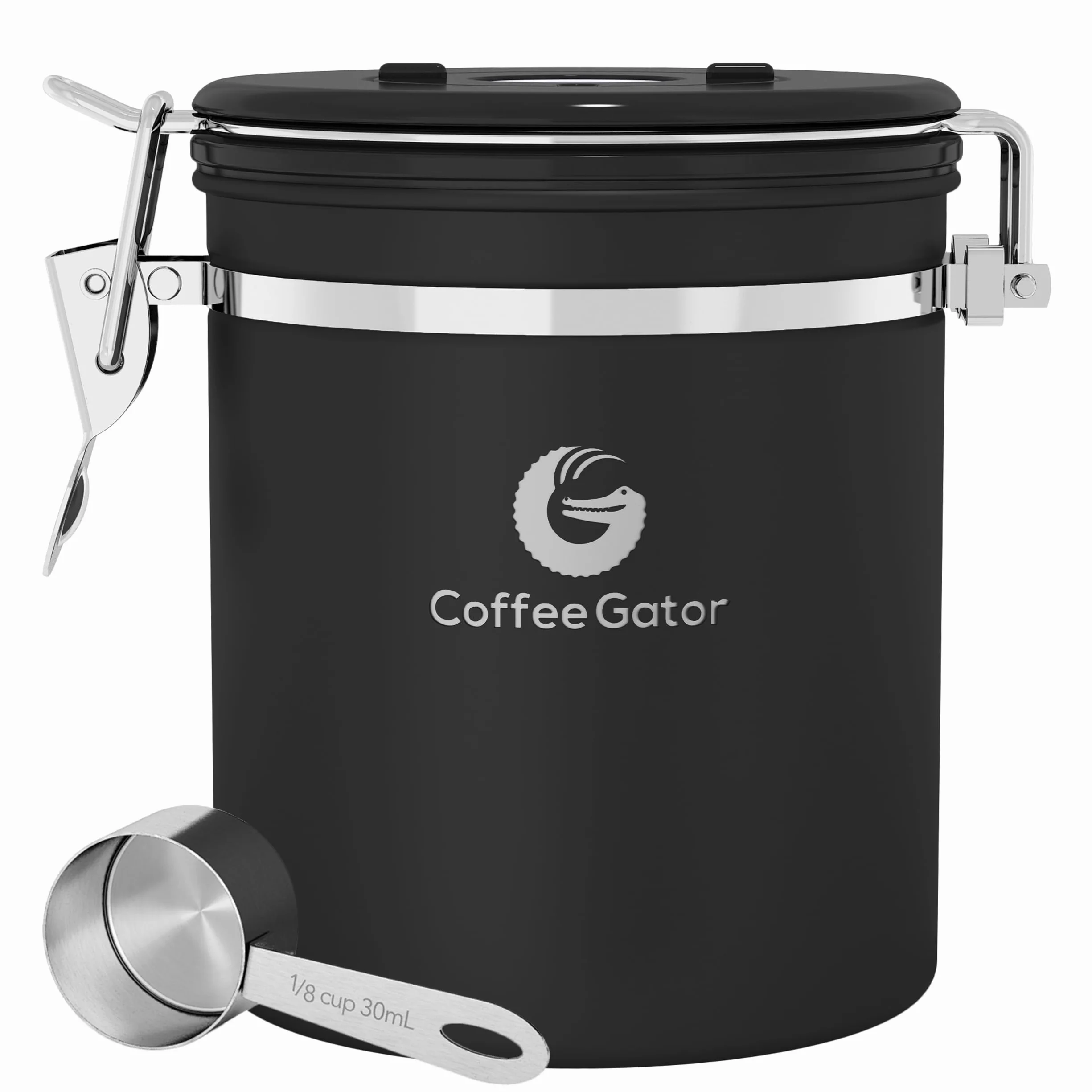 Coffee Gator Stainless Steel Coffee Grounds and Beans Container Canister with Date-Tracker, CO2-Release Valve and Measuring Scoop, Medium, Black