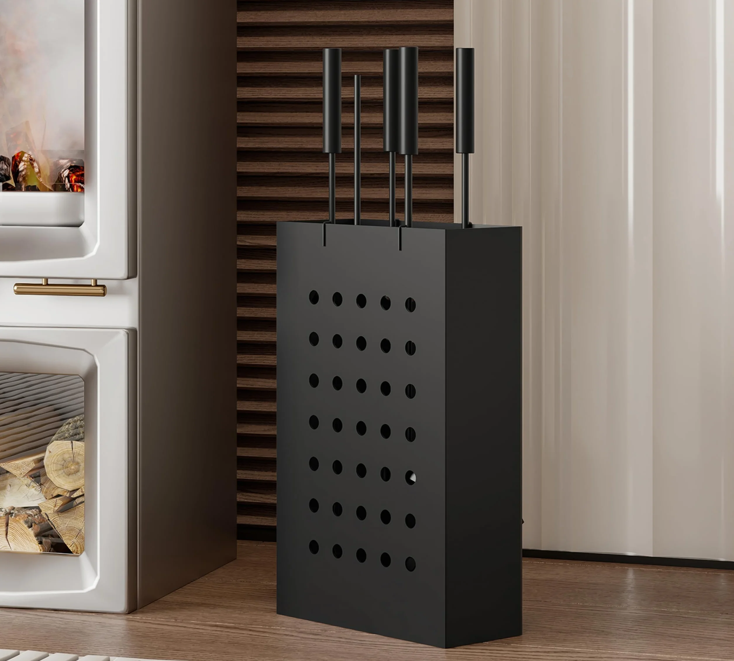 Kingson Zestaw kominkowy Black Iron z prostokątnym wiadrem na popiół, 4 narzędzia do zawieszania (poker, szczotka, łopata, szczypce), kompaktowy zestaw narzędzi kominkowych do palników na drewno
