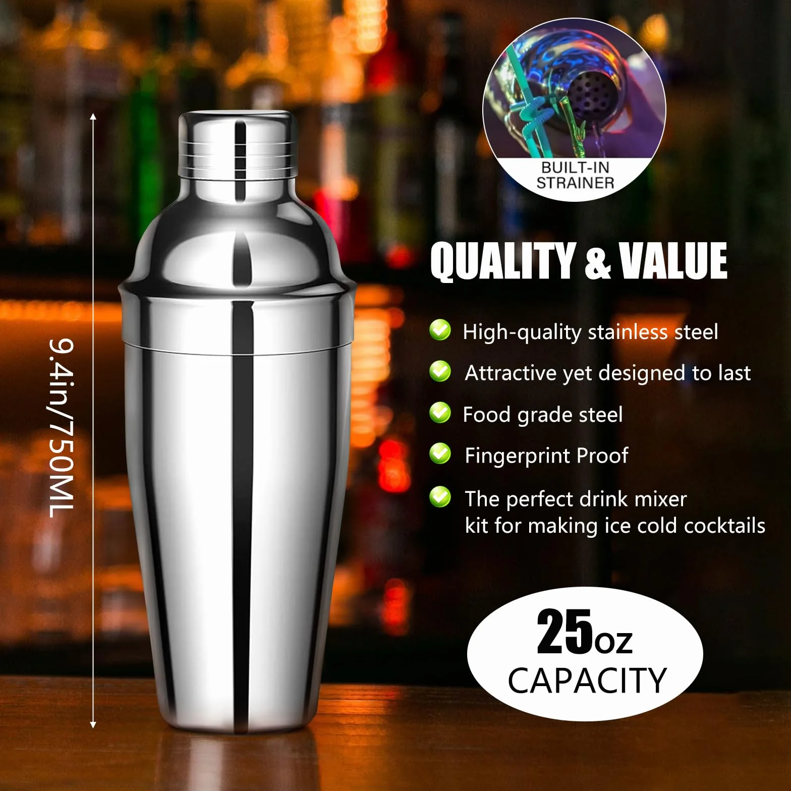 Zestaw Shaker do Koktajli, 12 Elementów ze Stali Nierdzewnej, Zestaw Akcesoriów Barowych, 750ml Shaker do Koktajli, Zestaw Mikserów do Koktajli, z Drewnianą Podstawą do Domu Lub Baru