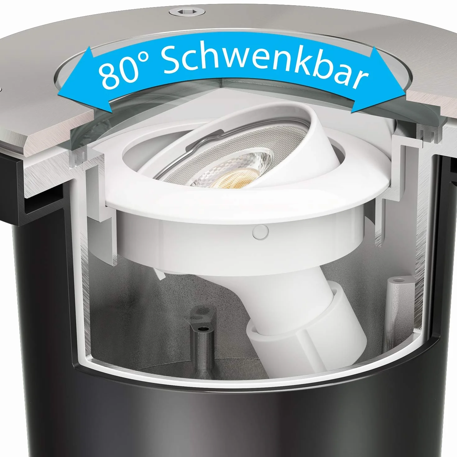 ledscom.de Oprawa wpuszczana w ziemię BOFU do zastosowań zewnętrznych obrotowa stal nierdzewna okrągła IP67 150mm Ø w zestawie lampa LED 5,473W 468lm 30° ciepła biel