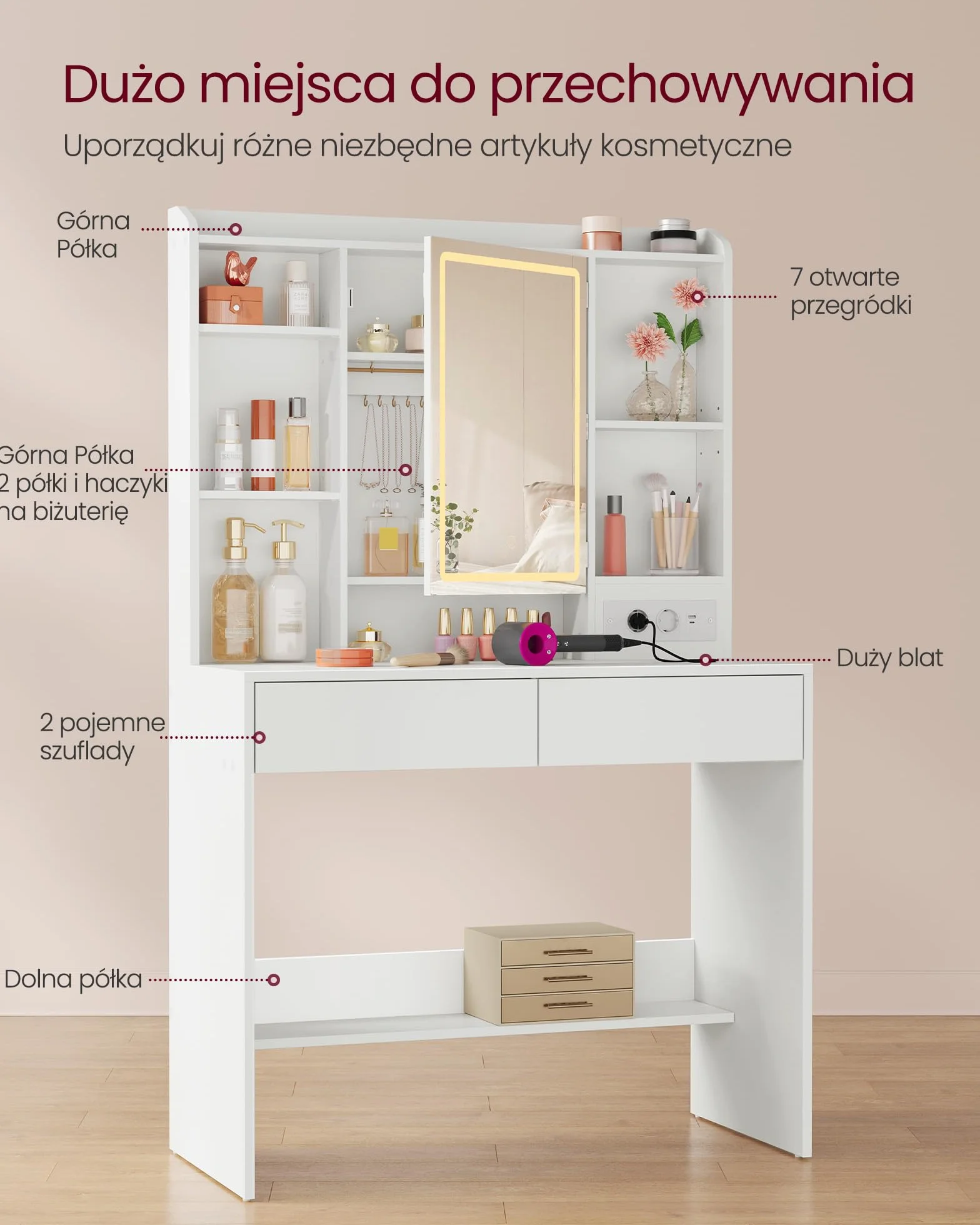 VASAGLE Kolekcja Kailyn - Toaletka z lustrem LED, 3 kolory, regulowana jasność, listwa zasilająca, stół do makijażu, duża, regulowana półka do przechowywania, 2 szuflady, nowoczesna, biała RDT143WB01