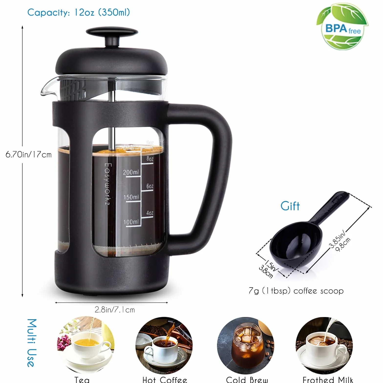 Easyworkz French Press Ekspres do kawy 350 ml, szkło borokrzemowe, antypoślizgowy uchwyt, czarny