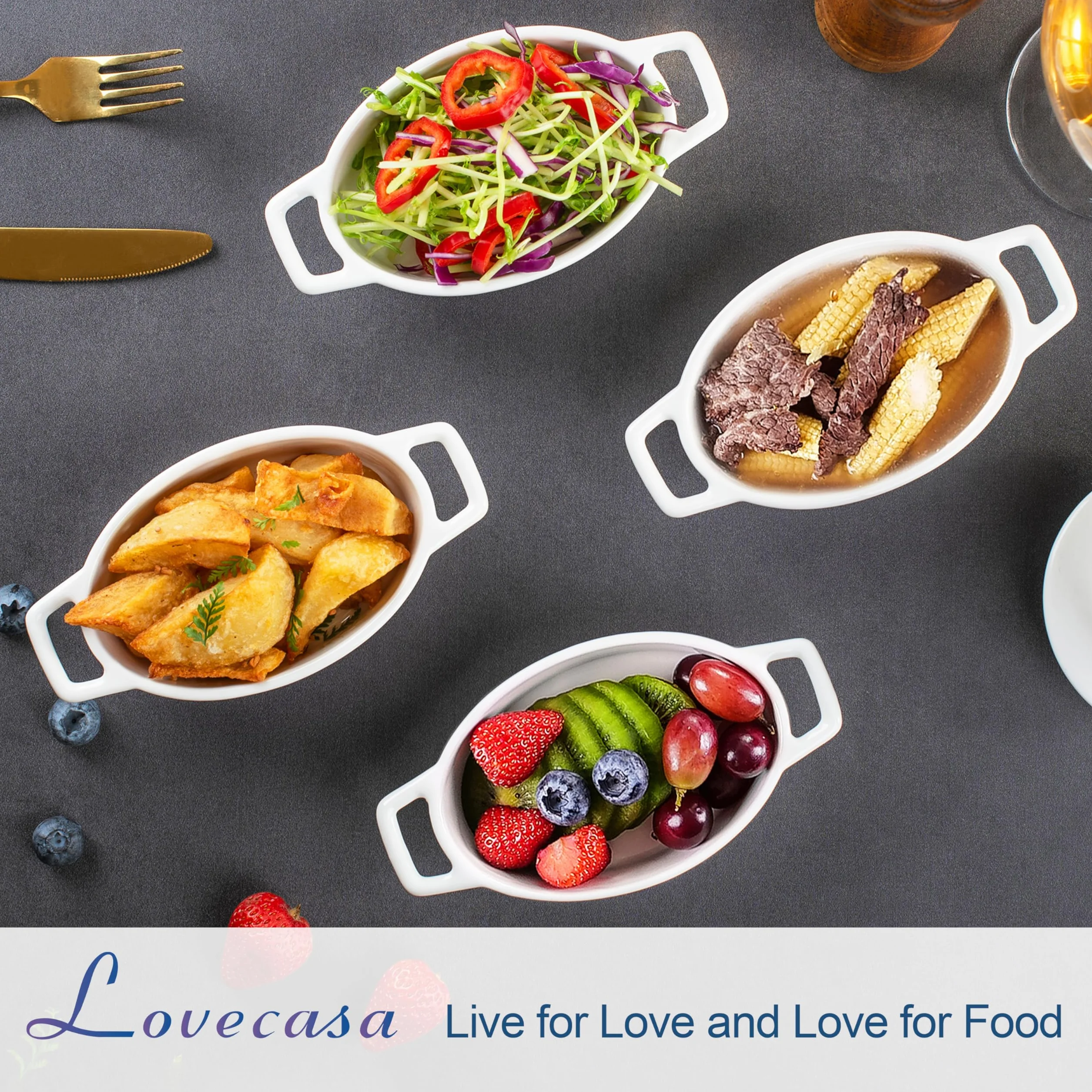 LOVECASA Porcelanowe mini naczynie do zapiekania 190 ml, owalne 11,5 x 3,8 cm, zestaw 4, małe naczynia do pieczenia, mini forma z podwójnym uchwytem, białe