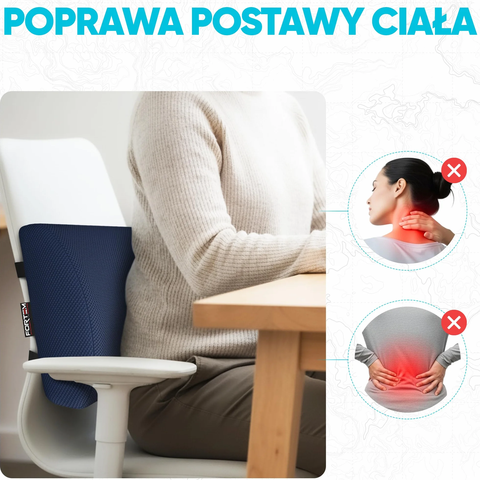 FORTEM Poduszka Lędźwiowa Ortopedyczna z Pianki Termoelastycznej na Fotel Samochodowy i Krzesło Biurowe
