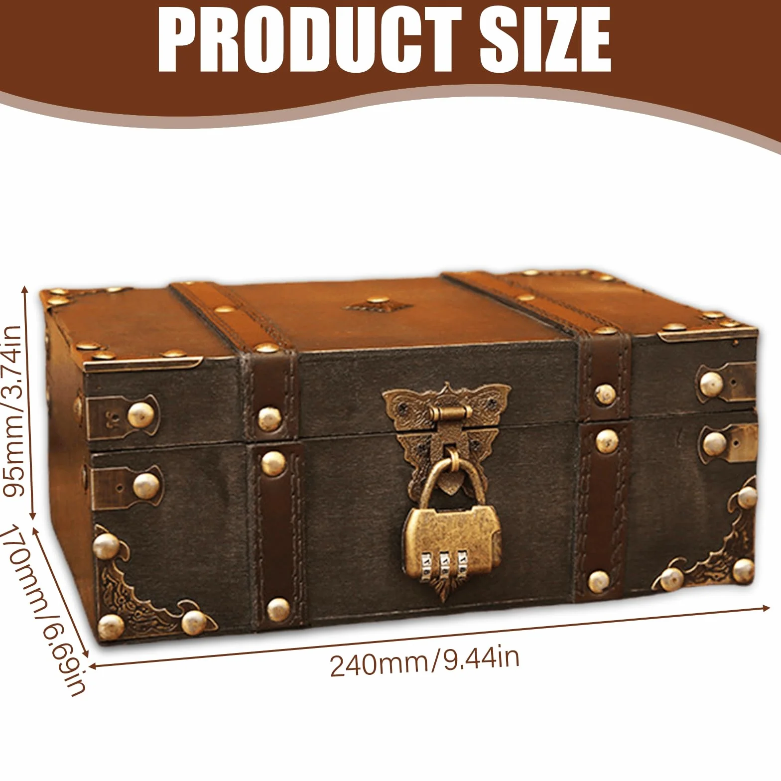 GBKDQQ Drewniana skrzynia na skarby w stylu vintage, 24 x 17 x 9,5 cm, skrzynia na skarby z zamkiem szyfrowym, na urodziny dziecka, drewniana skrzynia do przechowywania, dekoracja