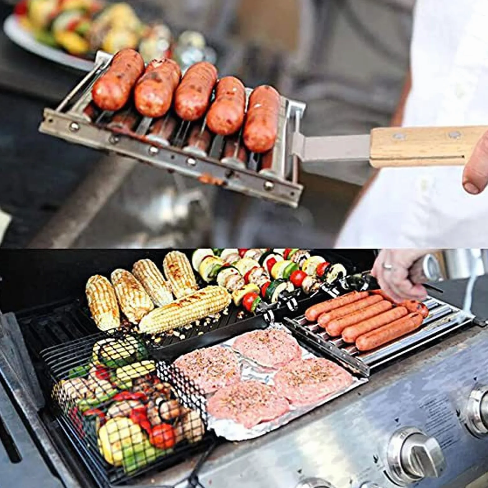 STOJAK NA WAŁKI DO HOT DOGÓW ZE STALI NIERDZEWNEJ Z DREWNIANYM UCHWYTEM NA NARZĘDZIA DO GRILLOWANIA (Dł. 30 cm / 11,8 cala)