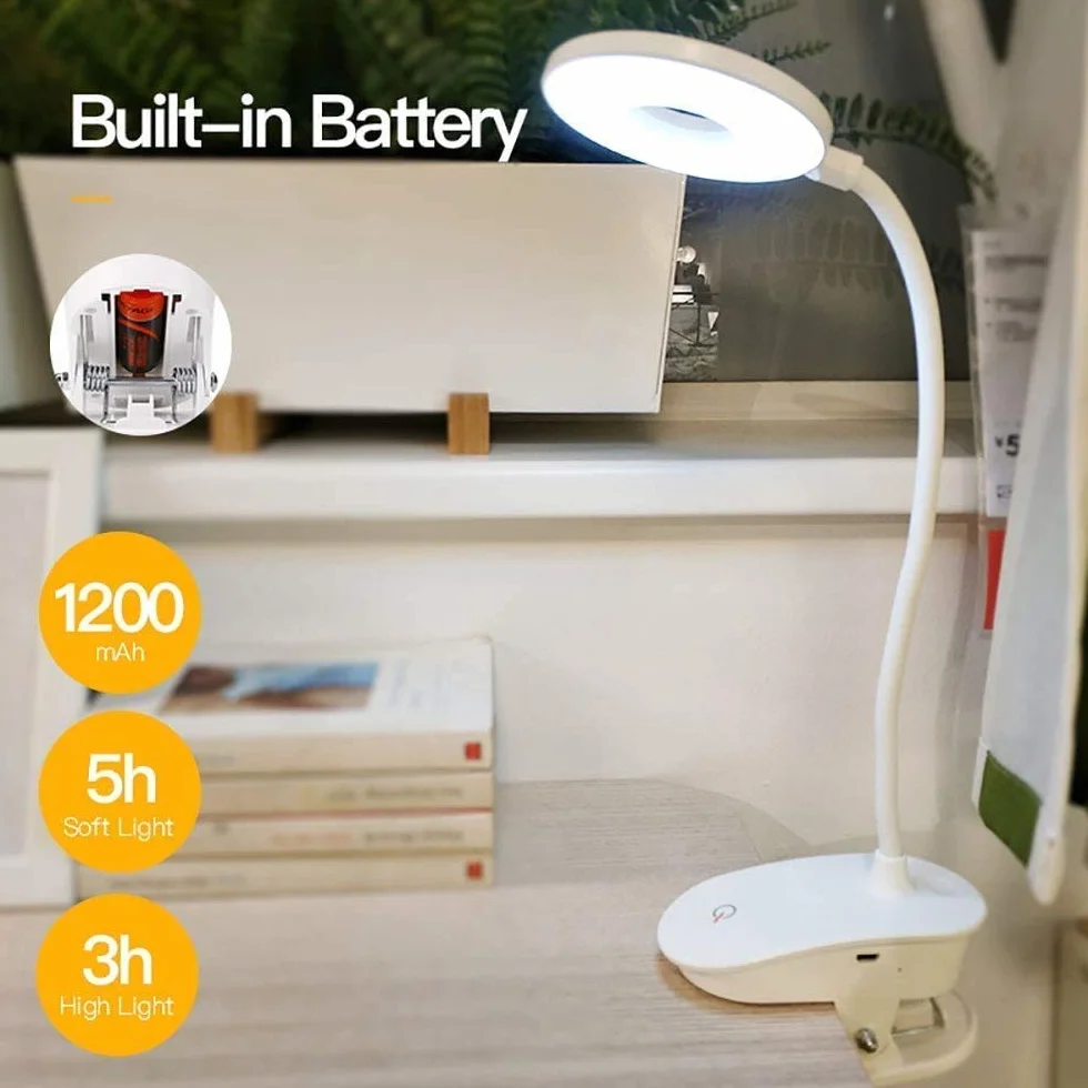 Lampa do czytania z klipsem, zasilana bateriami z 3 poziomami jasności, ładowana przez USB