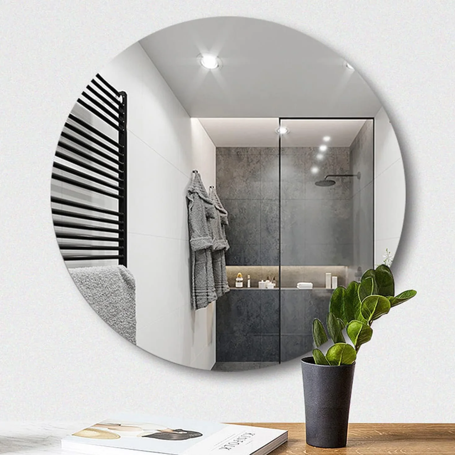 TSKDKIT Okrągłe lustro ścienne 40 cm samoprzylepne okrągłe szklane lustro HD duże lustro ścienne 40 cm lusterko do makijażu bez ramy dekoracyjne lustro ścienne do łazienki, sypialni, salonu, drzwi itp