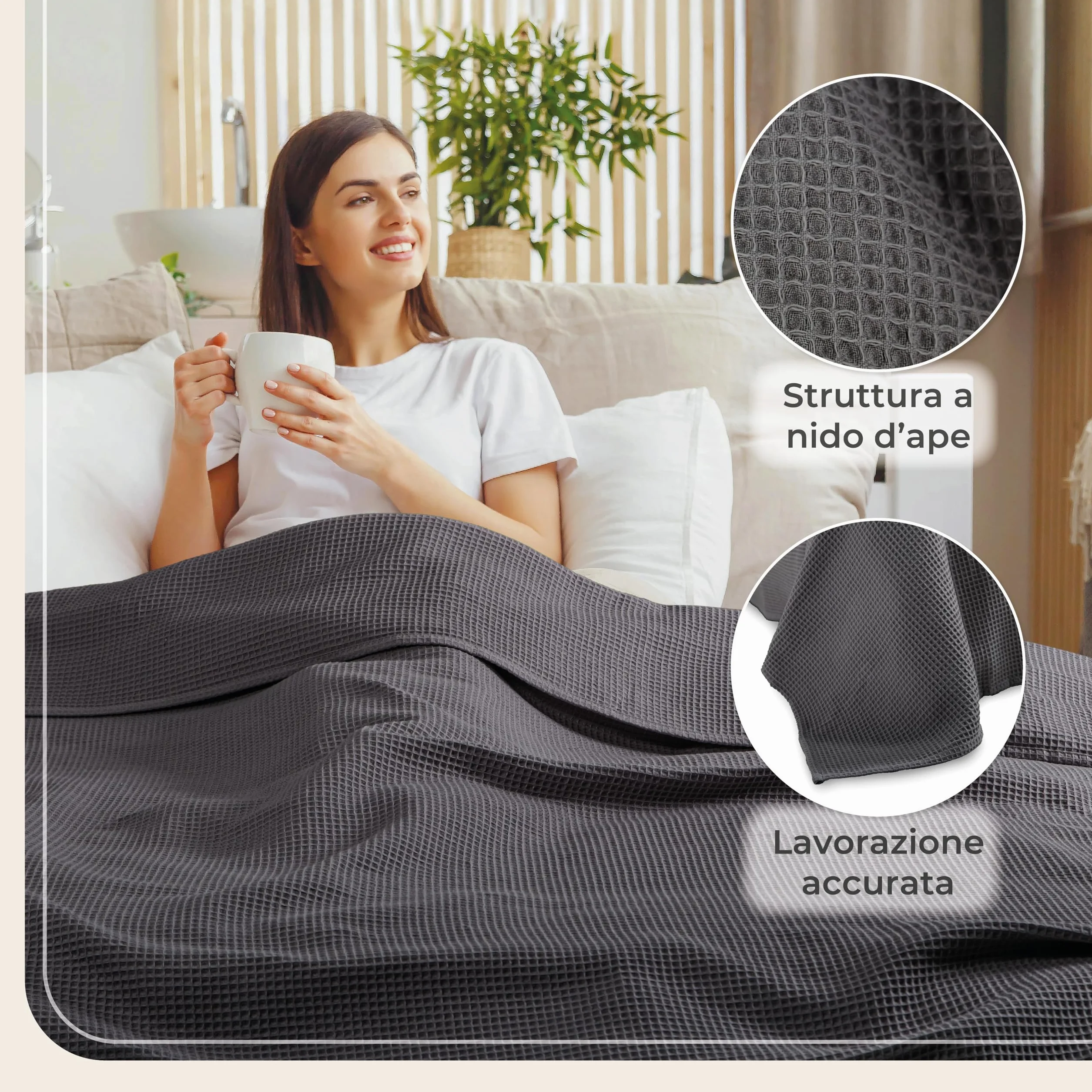 LAYNENBURG narzuta klasy premium, 180 x 220 cm, 100% bawełny o strukturze waflowej, lekkie nakrycie letnie, bawełniana narzuta na łóżko, sofę, antracytowa