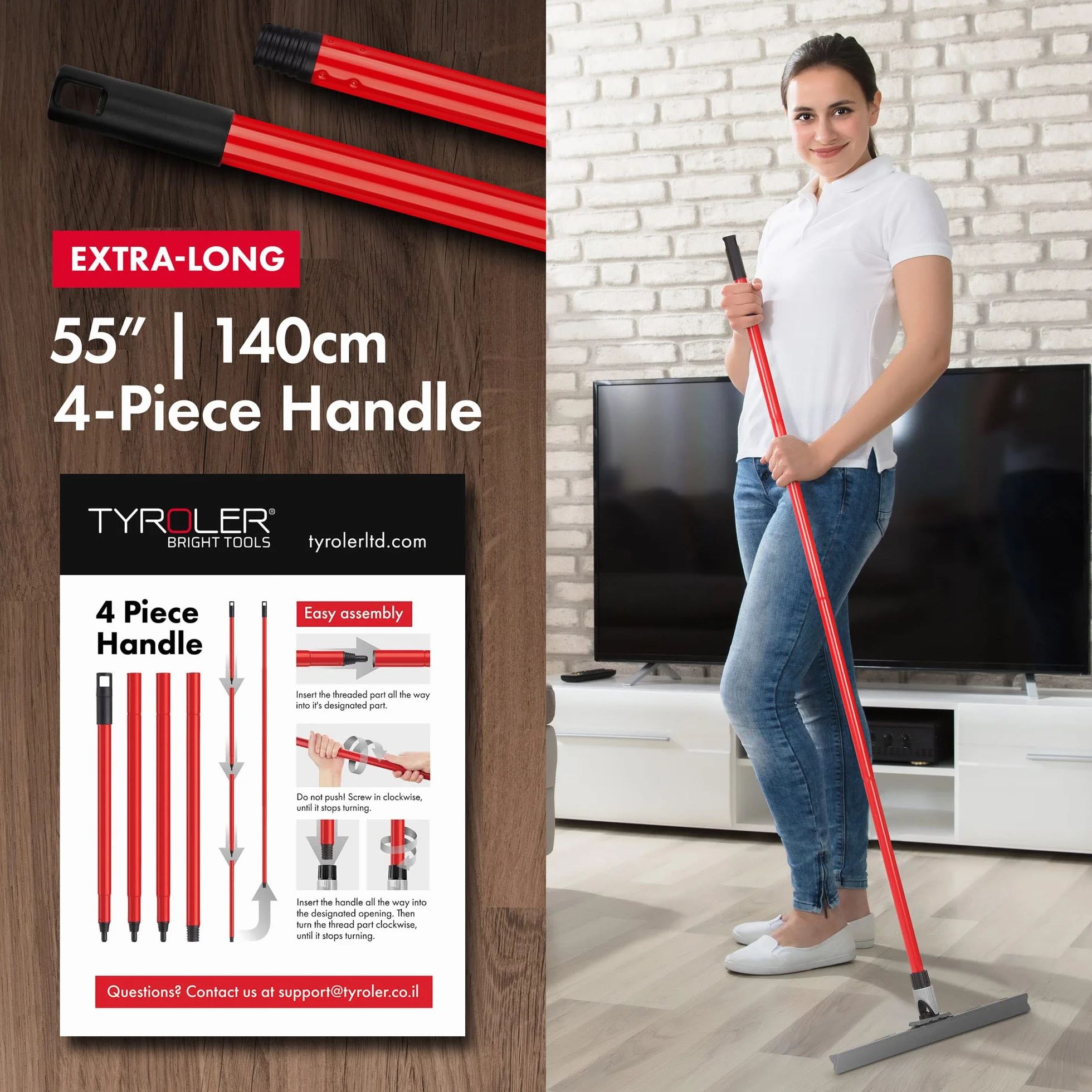 Tyroler Silikonowa Ściągaczka podłogowa, 45 cm, 100% silikonowa, antykorozyjna, 4-częściowy uchwyt, podłoga rakla do prania, łazienki, tarasu i garażu