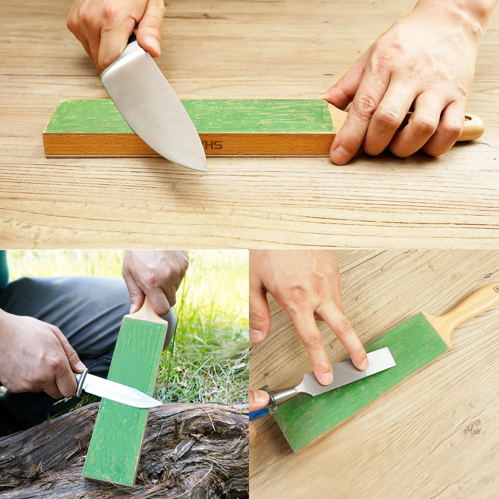 SHARPAL 205H dwustronny skórzany pasek szlifierski (330 x 60 mm), zestaw z pastą polerską 53 g i prowadnicą kątową, blok na noże do ostrzenia i ostrzenia noży
