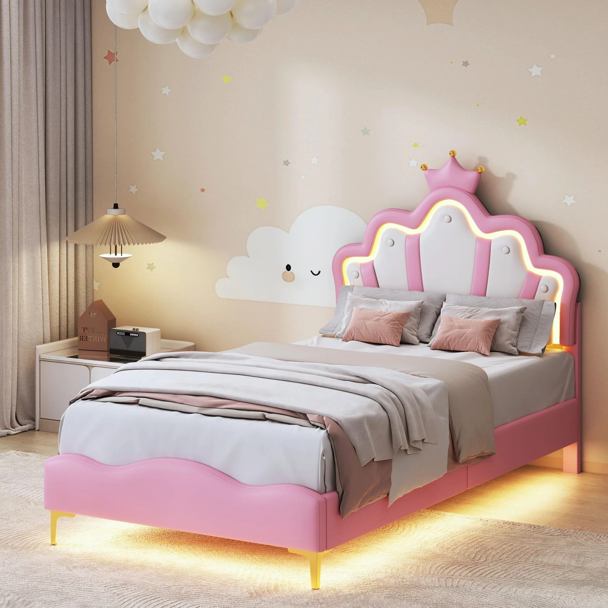 KeepGoon Łóżko dziecięce, tapicerowane, 90 x 200 cm, ze stelażem listwowym i oświetleniem LED, płaskie łóżko z zagłówkiem w kształcie chmury, łóżko księżniczki, w kształcie korony, miękkie wypełnienie
