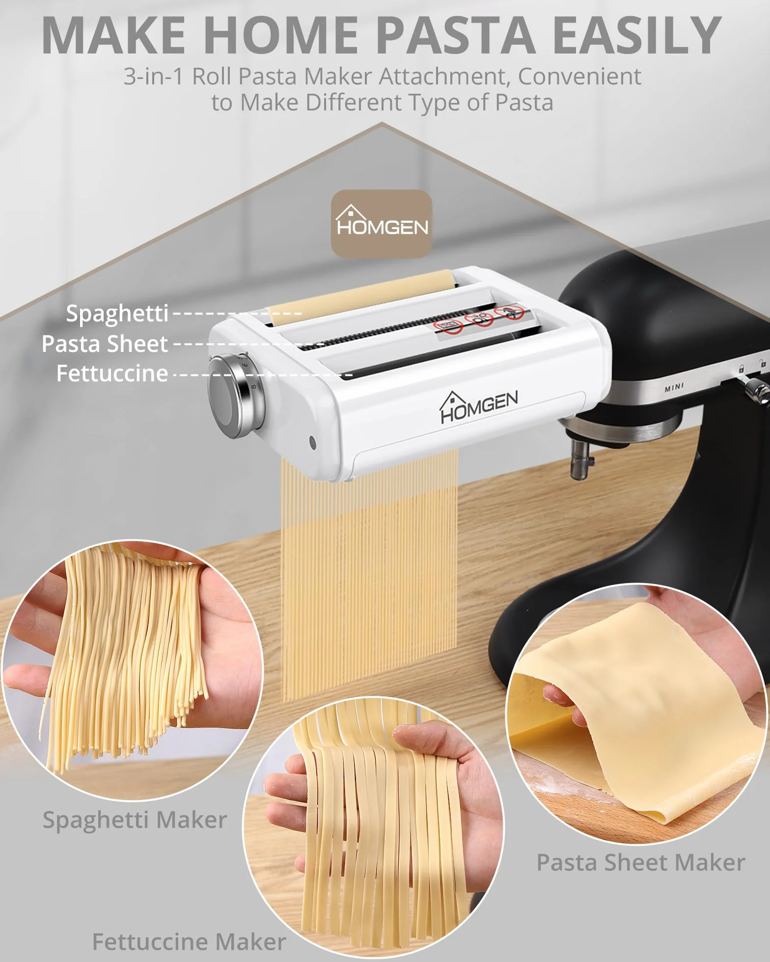 HOMGEN Nasadka do makaronu 3 w 1 do miksera KitchenAid, zestaw z wałkiem, krajalnicą do spaghetti i fettuccine, wytrzymałe nakładki ze stali nierdzewnej