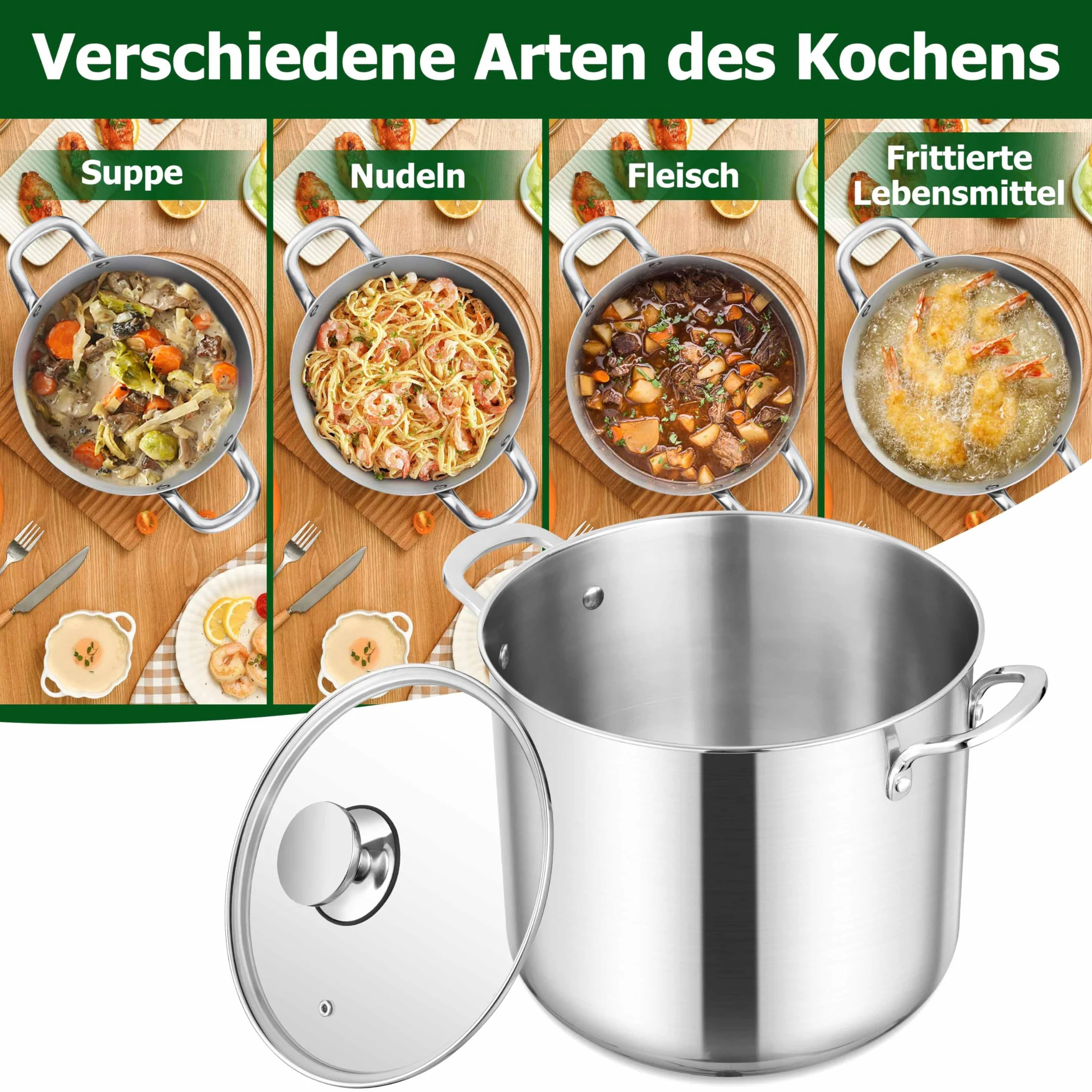 Homikit Garnek do gotowania 10 l, duży garnek do zupy, garnek indukcyjny z 3-warstwowej stali nierdzewnej, do wszystkich rodzajów kuchenek, stal nierdzewna, polerowana, garnek do mięsa ze szklaną