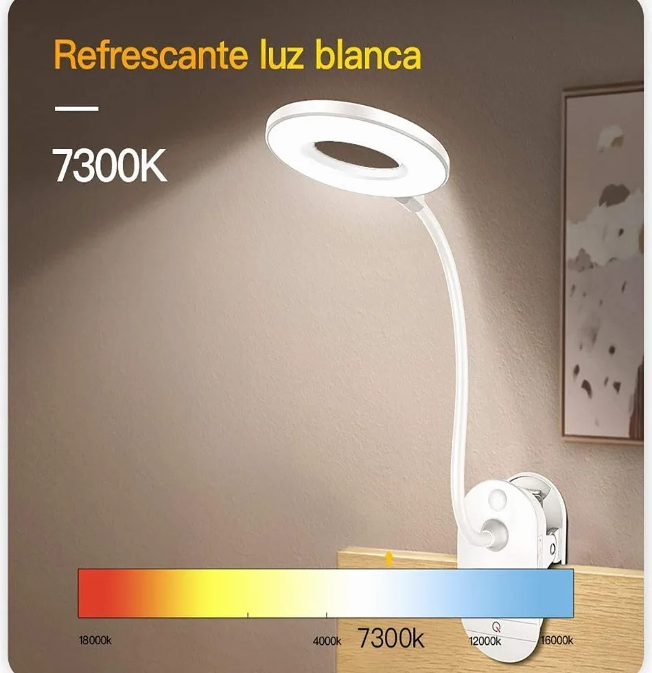 Lampa do czytania z klipsem, zasilana bateriami z 3 poziomami jasności, ładowana przez USB
