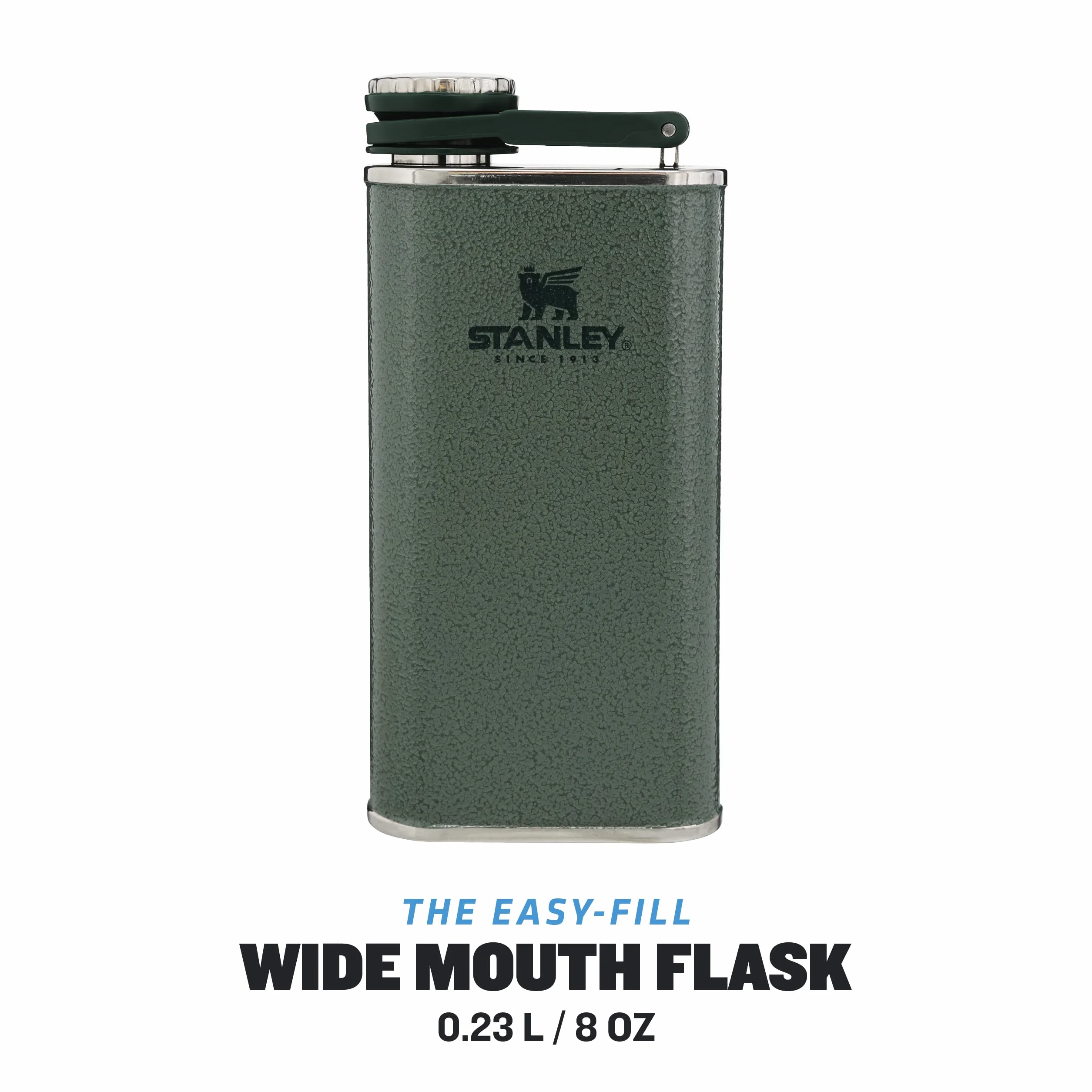 Stanley 1913 Classic Wide Mouth Flask 0.23L Hammertone Green with Never-Lose Cap - Piersiówka ze Stali Nierdzewnej z szerokim otworem do łatwego napełniania i nalewania - Szczelna piersiówka BEZ BPA