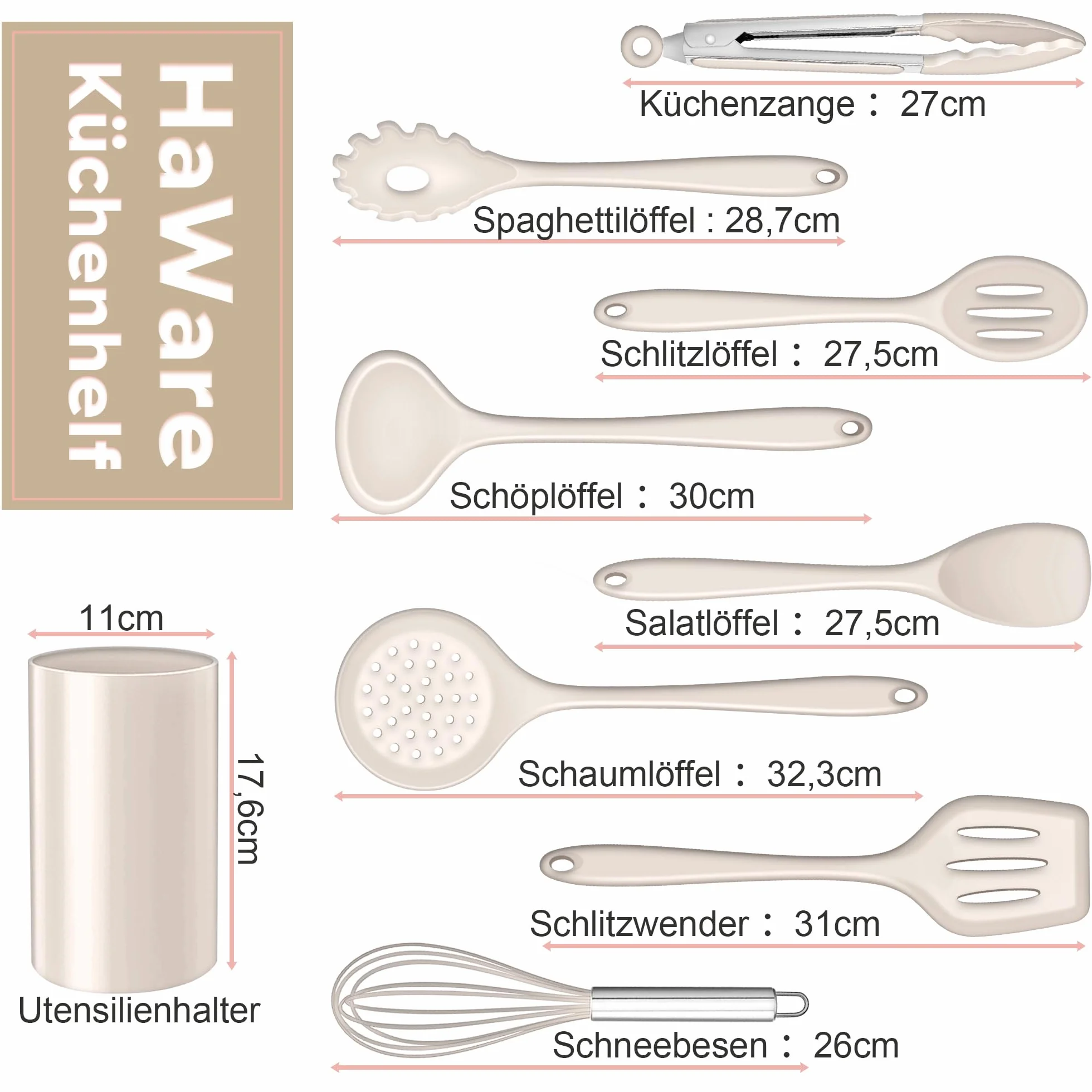 HaWare Zestaw przyborów kuchennych, 9-częściowy zestaw silikonowych przyborów kuchennych, odporne na wysokie temperatury, nieprzywierające, z uchwytem na przybory, nadają się do mycia w zmywarce