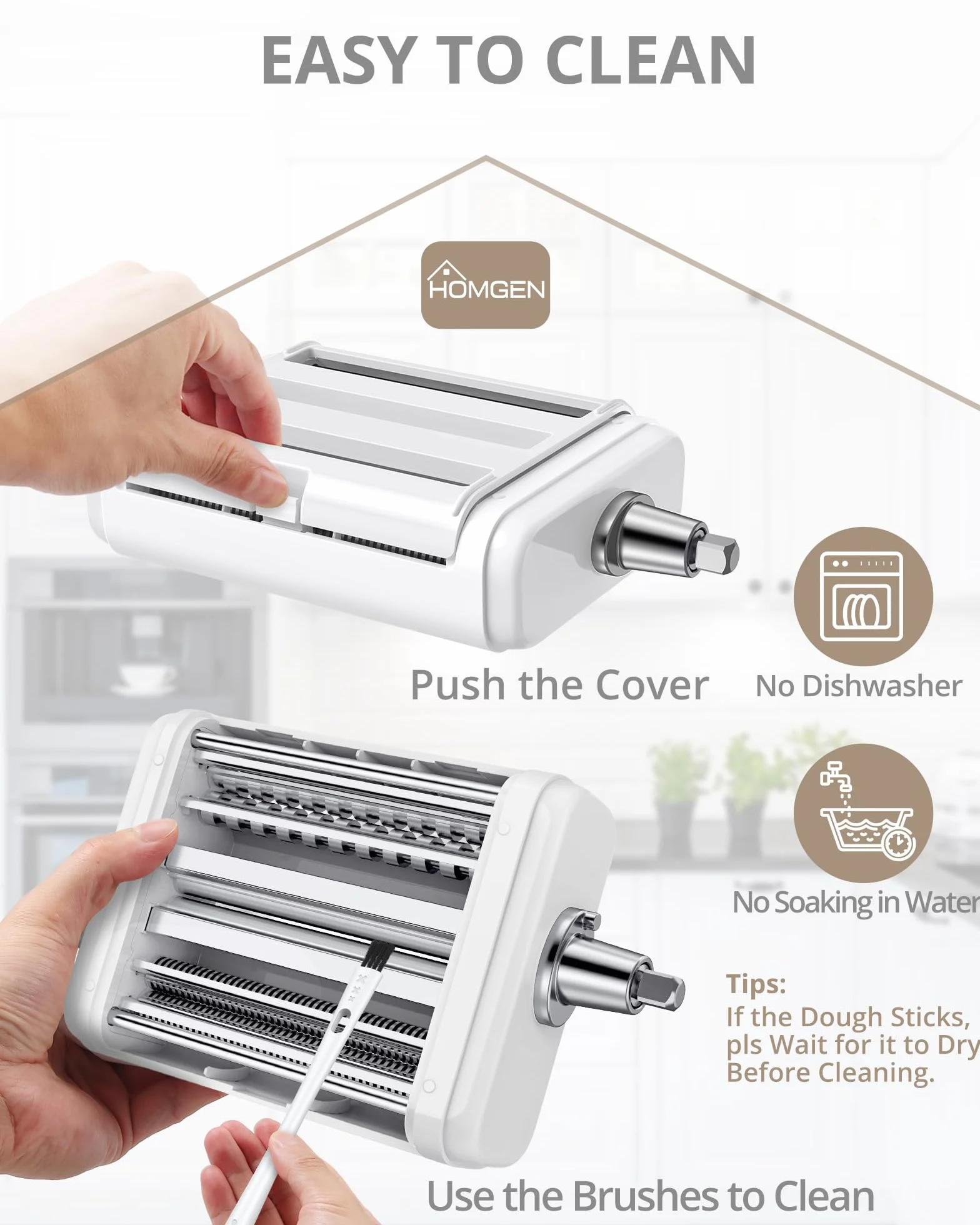 HOMGEN Nasadka do makaronu 3 w 1 do miksera KitchenAid, zestaw z wałkiem, krajalnicą do spaghetti i fettuccine, wytrzymałe nakładki ze stali nierdzewnej