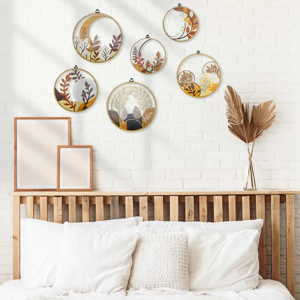 WATUNID 6 sztuk drewnianych dekoracji ściennych w stylu boho do salonu, okrągła, minimalistyczna dekoracja ścienna, nowoczesna dekoracja ścienna w stylu boho, do sypialni, rustykalna dekoracja do domu