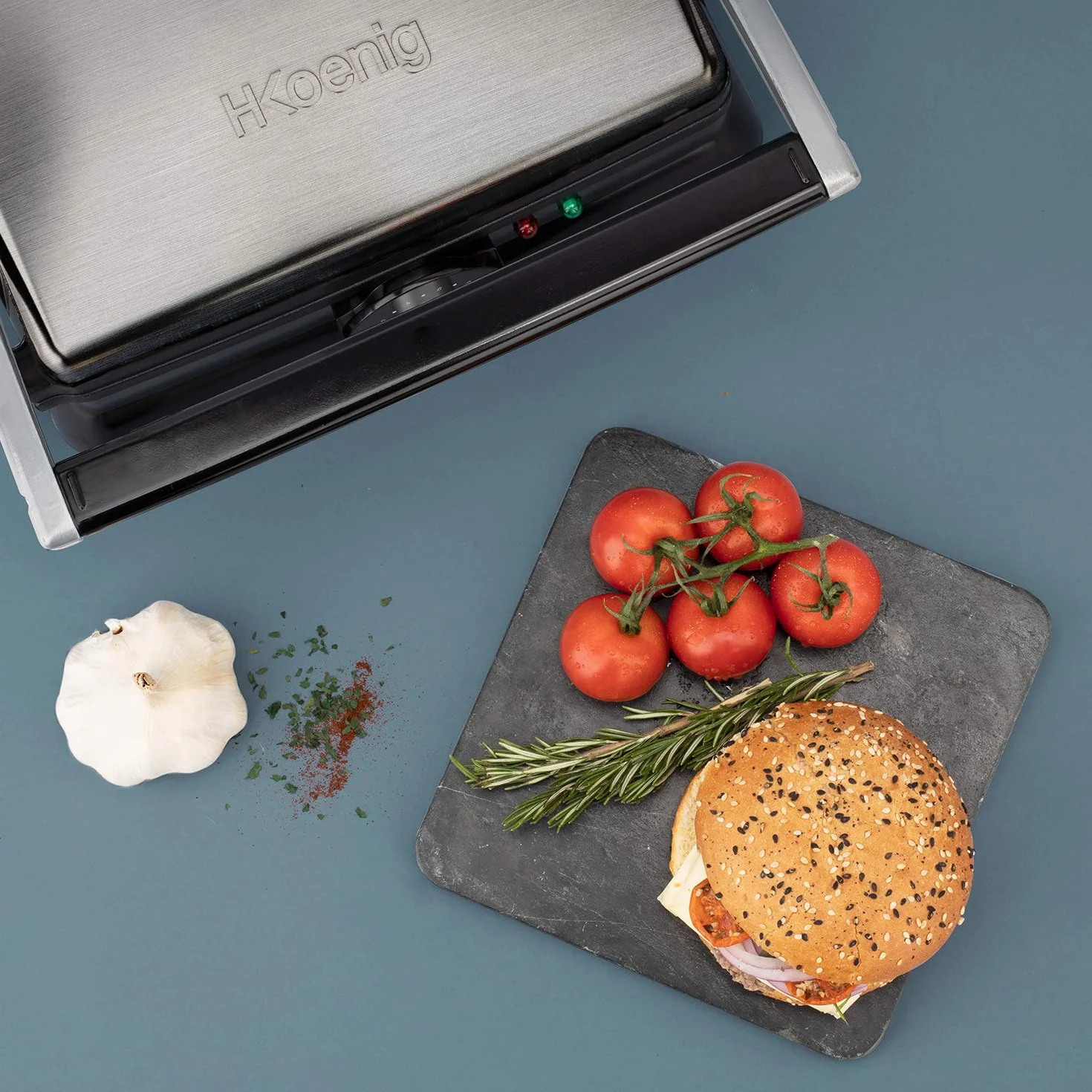 H.Koenig GR20 grill kontaktowy/całkowicie rozkładany/powłoka nieprzywierająca/bezstopniowa regulacja temperatury / 2000 W/stal nierdzewna/srebrny