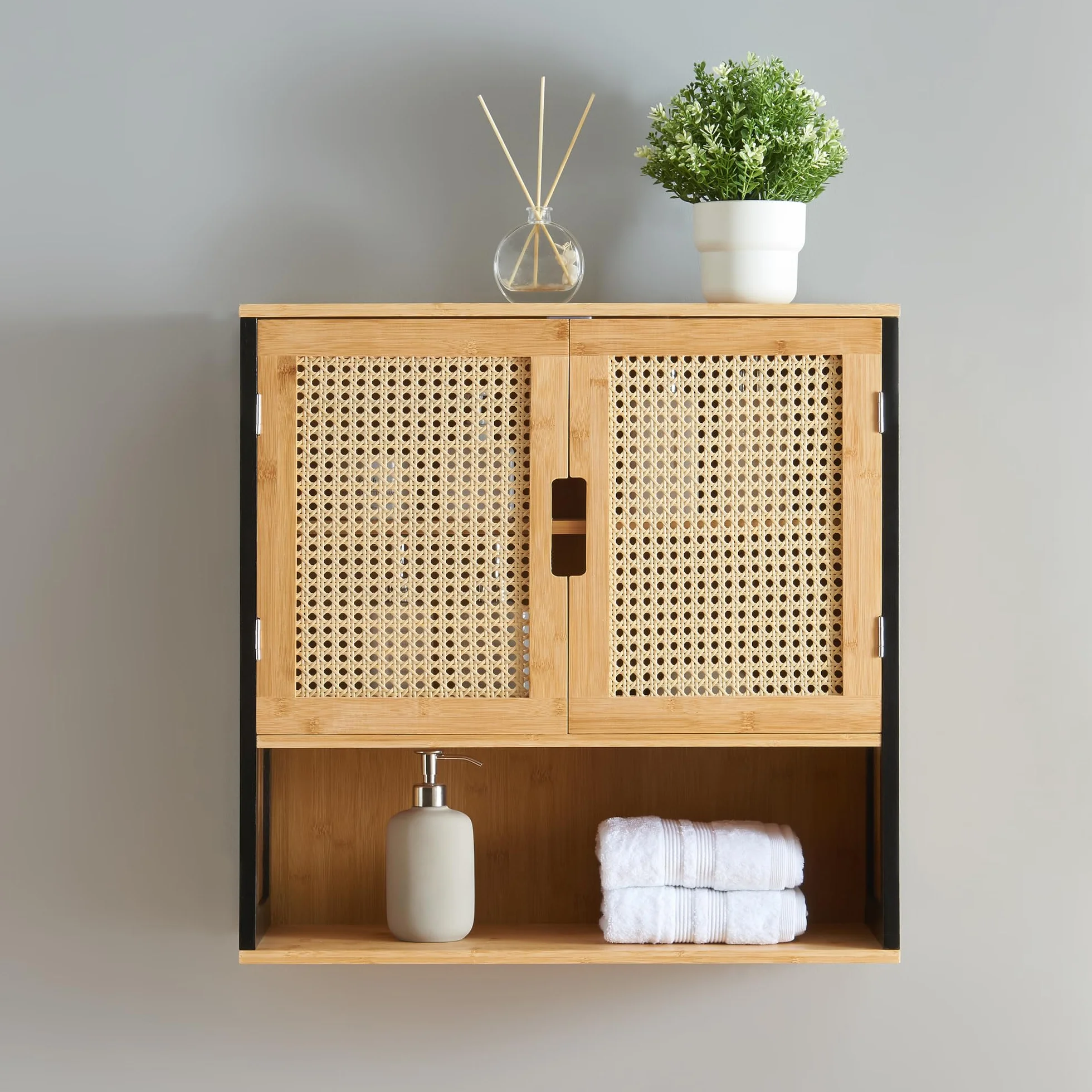 [en.casa] Tervola szafka łazienkowa wisząca do łazienki, czarna, bambusowa, wisząca szafka łazienkowa z 2 drzwiami, 60 x 60 x 20 cm