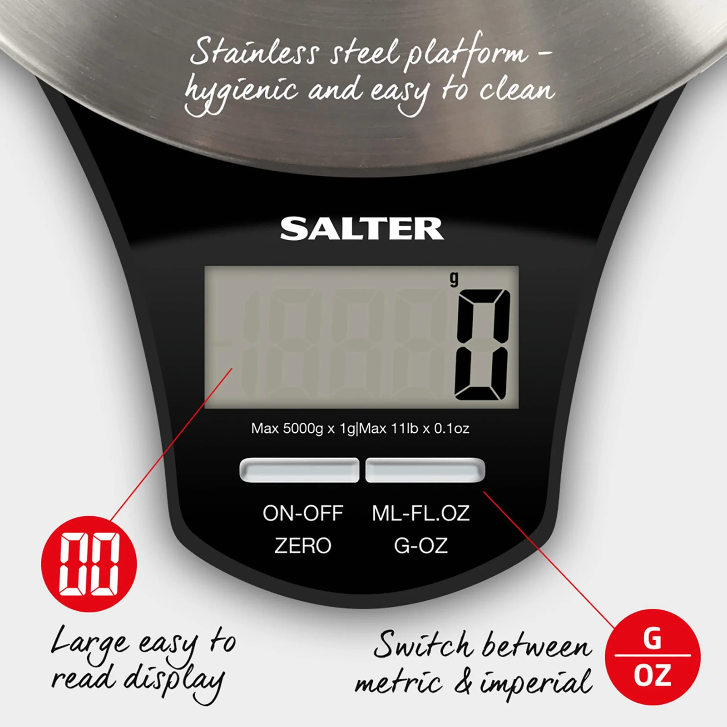 Salter 1035 SSBKDR Elektroniczna waga kuchenna ze stali nierdzewnej, dokładne ważenie do 5 kg, mierzy płyny i płyny, funkcja dodawania i ważenia, Funkcja Aquatronic, ekran z łatwym podglądem, czarny