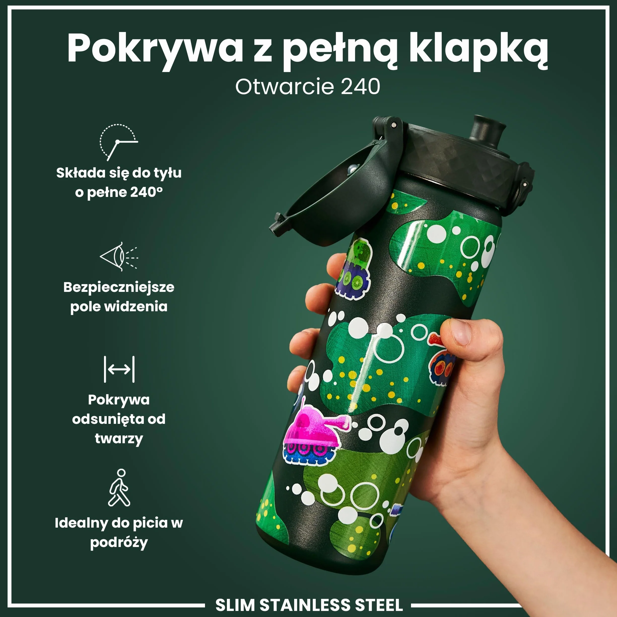 ION8 Butelka na Wodę ze Lekki Stali, 600 ml/20 oz, Nieocieplany, Szczelna, Łatwe Otwieranie, Bezpieczny Zamek, Można Myć w Zmywarce, Higieniczne Pokrycie, Składany Uchwyt, Czołgi