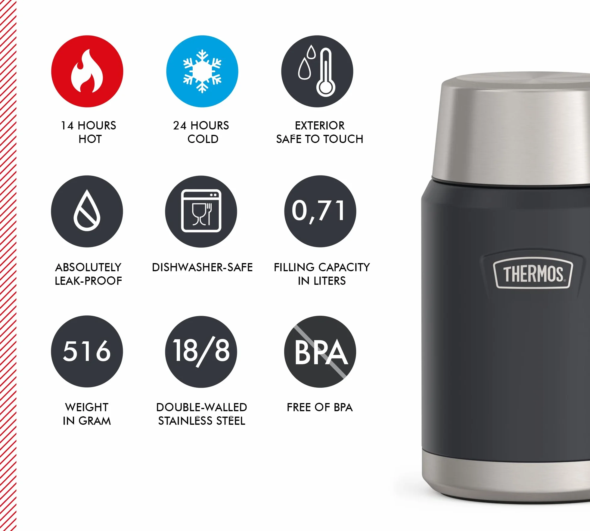 Thermos ICON Food Jar 0,71 l, ciemnoszary/grafitowy matowy, naczynie na jedzenie 710 ml, podwójne ścianki ze stali nierdzewnej 18/8, utrzymuje ciepło i zimno, ze składaną łyżką, antypoślizgowe dno,