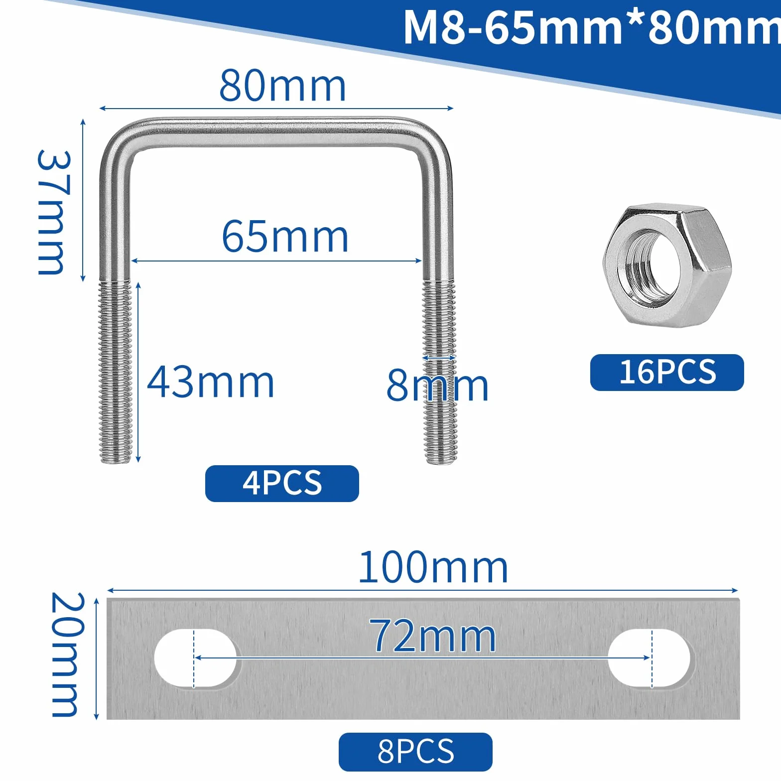 EFUTURETIME 4 x pałąk w kształcie litery U, 65 mm x 80 mm, stal nierdzewna, śruba M8 U z gwintem z 8 płytkami oporowymi, bolec pałąkowy, obejma pałąkowa, stal nierdzewna, do mocowania ogrodzenia,