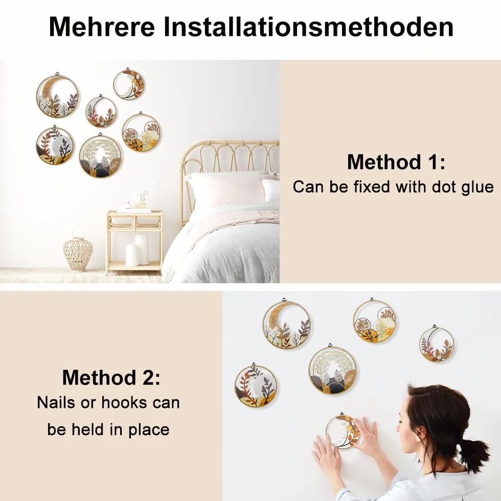 WATUNID 6 sztuk drewnianych dekoracji ściennych w stylu boho do salonu, okrągła, minimalistyczna dekoracja ścienna, nowoczesna dekoracja ścienna w stylu boho, do sypialni, rustykalna dekoracja do domu