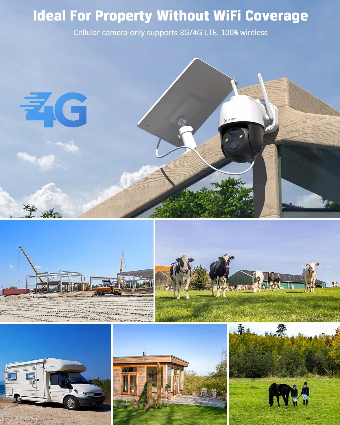 COCOCAM 3G/4G LTE bez kamery bezpieczeństwa WiFi, słoneczna kamera bezpieczeństwa 2K na zewnątrz, bezprzewodowa, wykrywanie ludzi PIR, rozpoznawanie AI,karta SIM w zestawie, współpracuje z Alexą