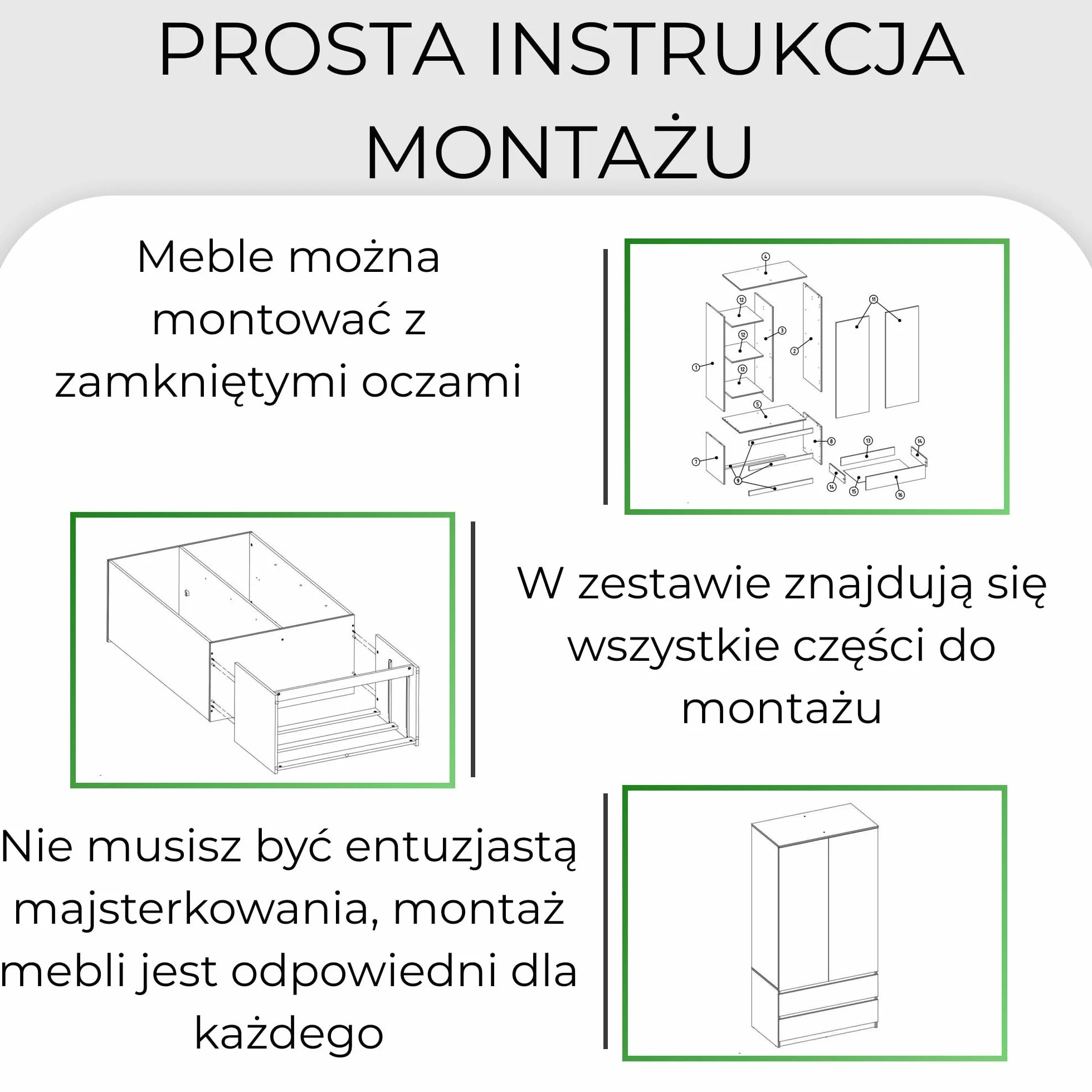 CDF Nowoczesna Szafa do Garderoby 90cm Dwudrzwiowa z 2 Szufladami System TIP-ON Bezuchwytowa Szafka do Sypialni Biura i Przedpokoju Pakowna Konstrukcja Meble - Biel Mat