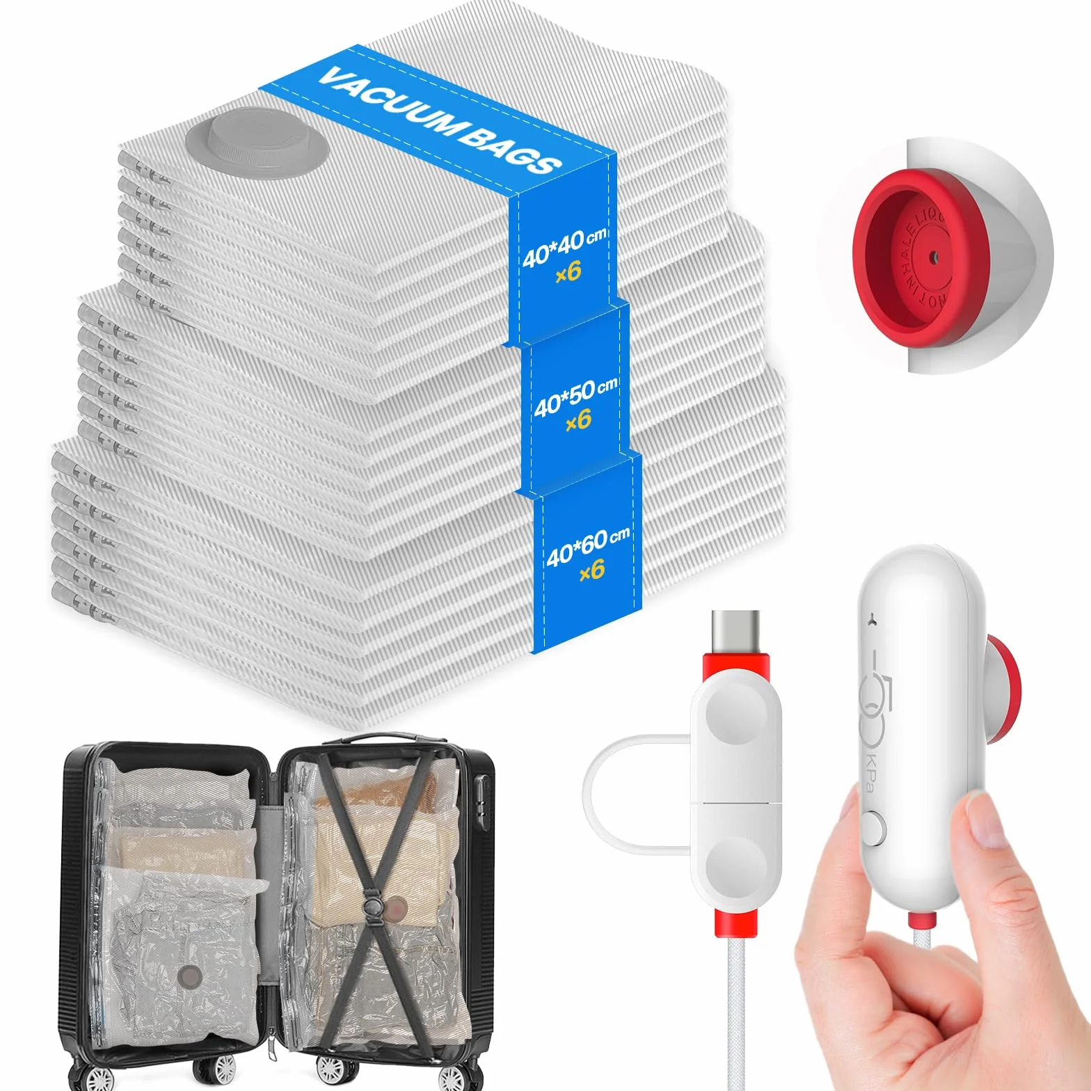 Vacbird Worki próżniowe na ubrania z kompaktową pompą USB, 18 worków na ubrania (silniejsze uszczelnienie próżniowe | USB-A/C | lekkie), idealne do podróży, przechowywania i przeprowadzki